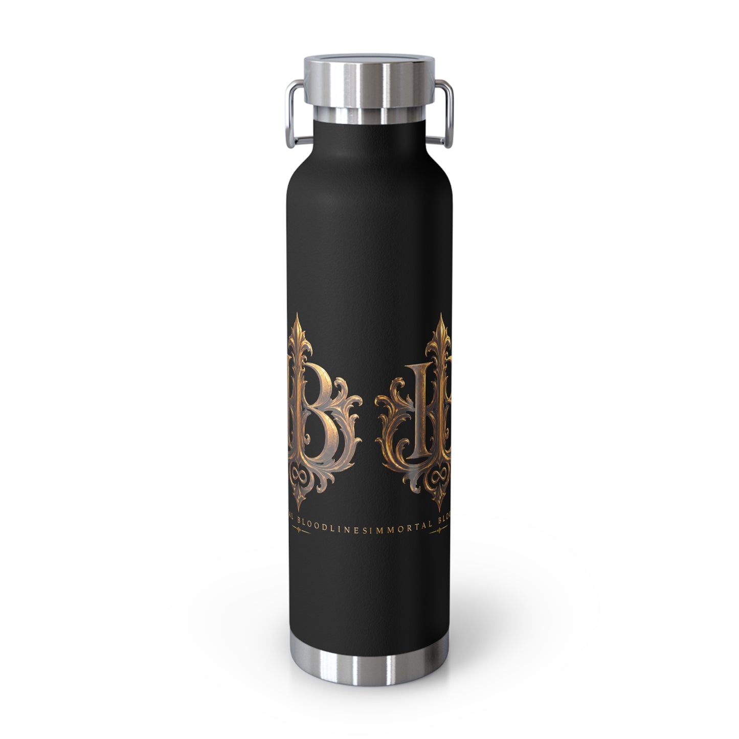 22oz Copper Vacuum Insulated Bottle — Black Matte with Ornate Gold IB Monogram