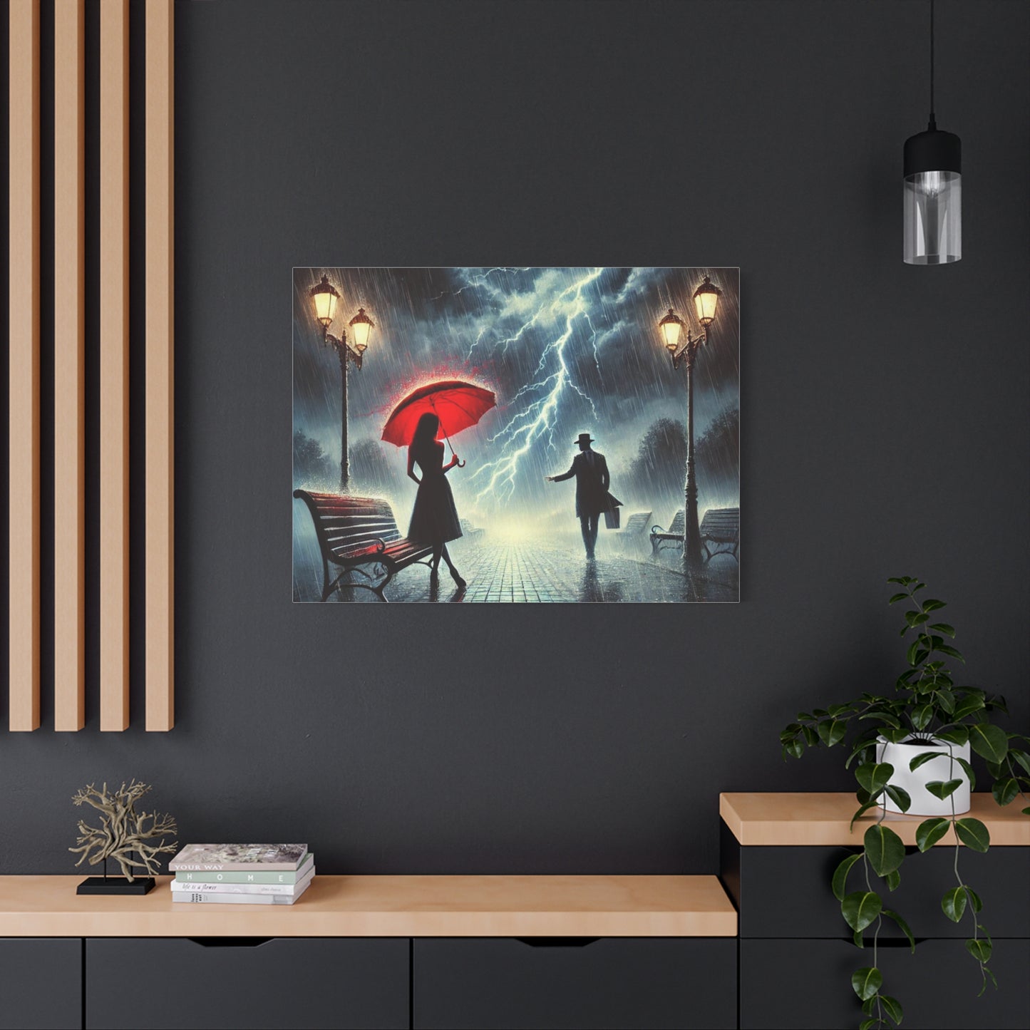 Rainy Night Romance Canvas Print — Woman with Red Umbrella Street Scene