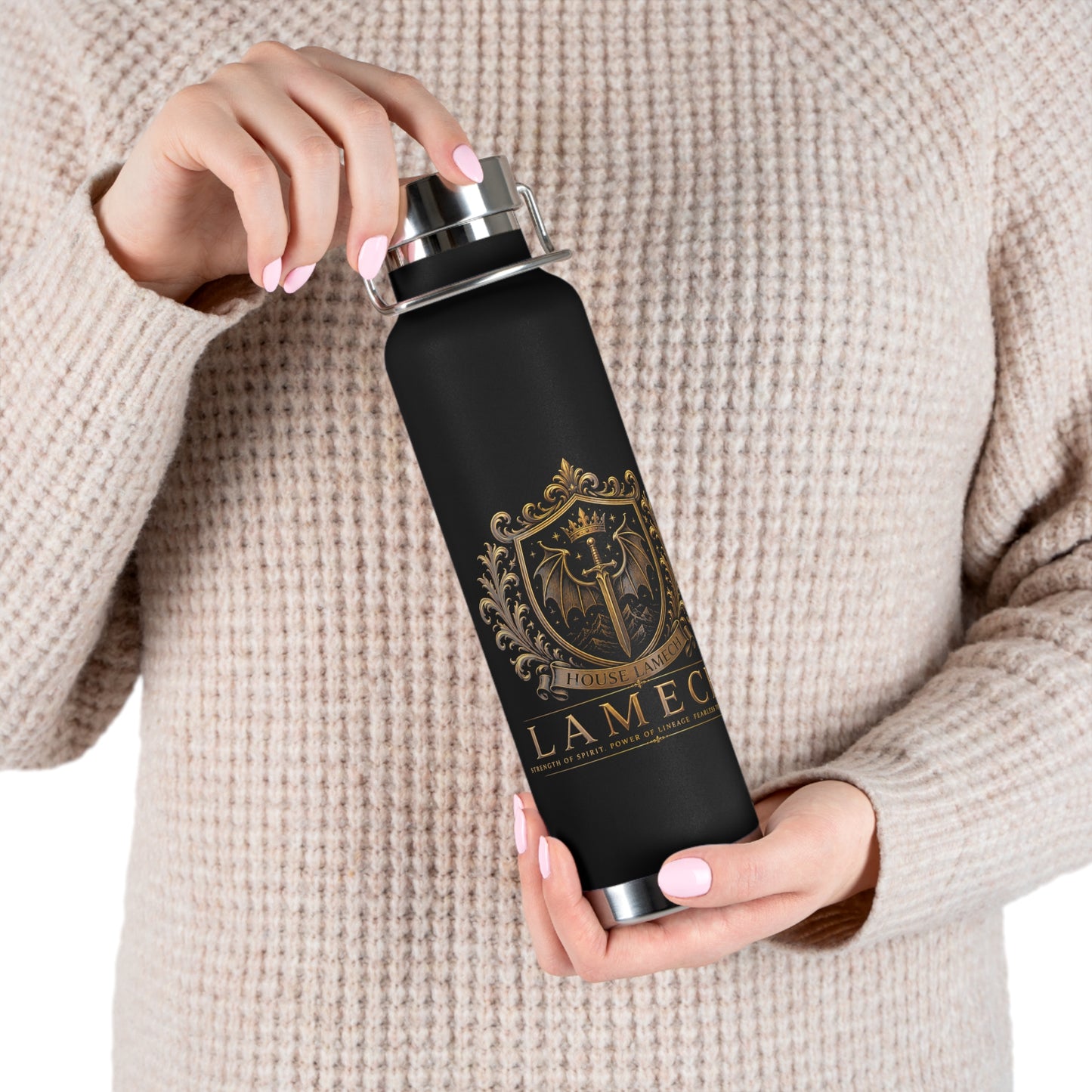 22oz Copper Vacuum Insulated Bottle — Black Matte with Ornate Gold Lamech Crest