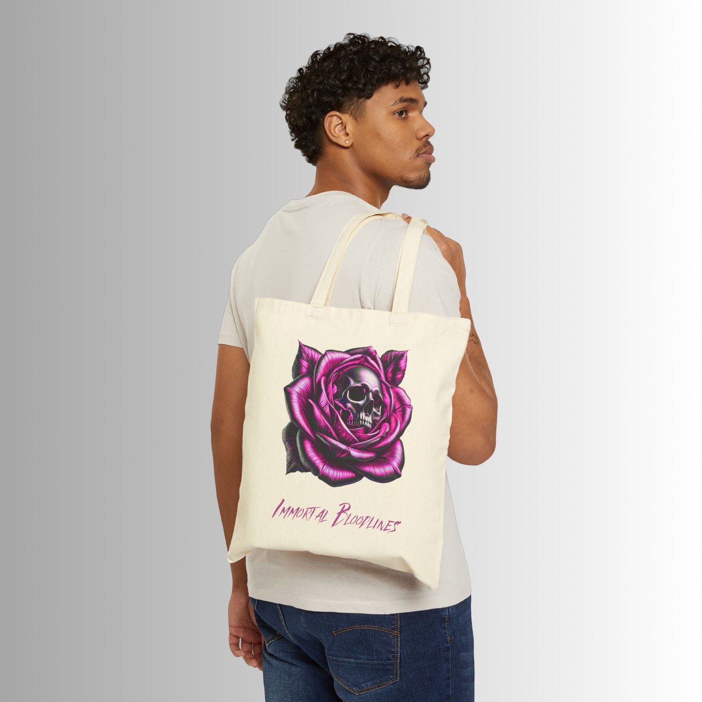 Immortal Bloodlines Gothic Tote Bag - Stylish Canvas Shopper for Art Lovers Pink Skull Rose