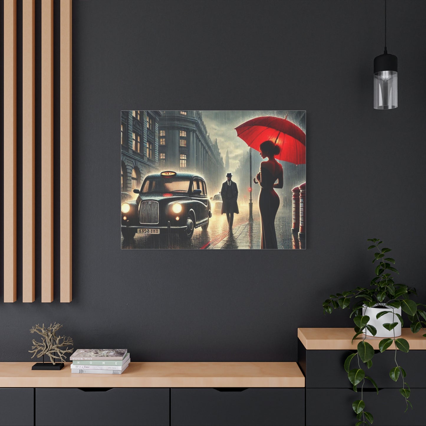 Rainy Night Romance Canvas Print — Woman with Red Umbrella Street Scene London
