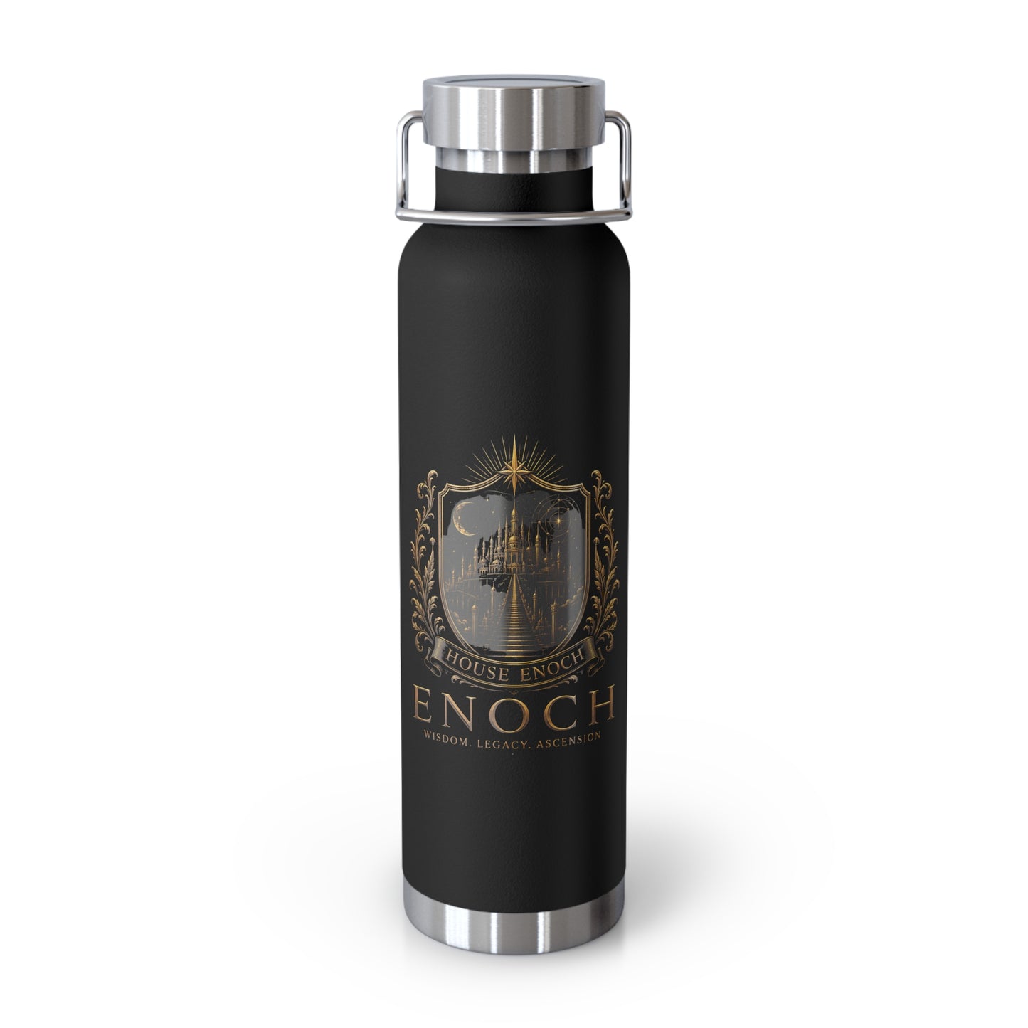 22oz Copper Vacuum Insulated Bottle — Black Matte with Ornate Gold Enoch Crest