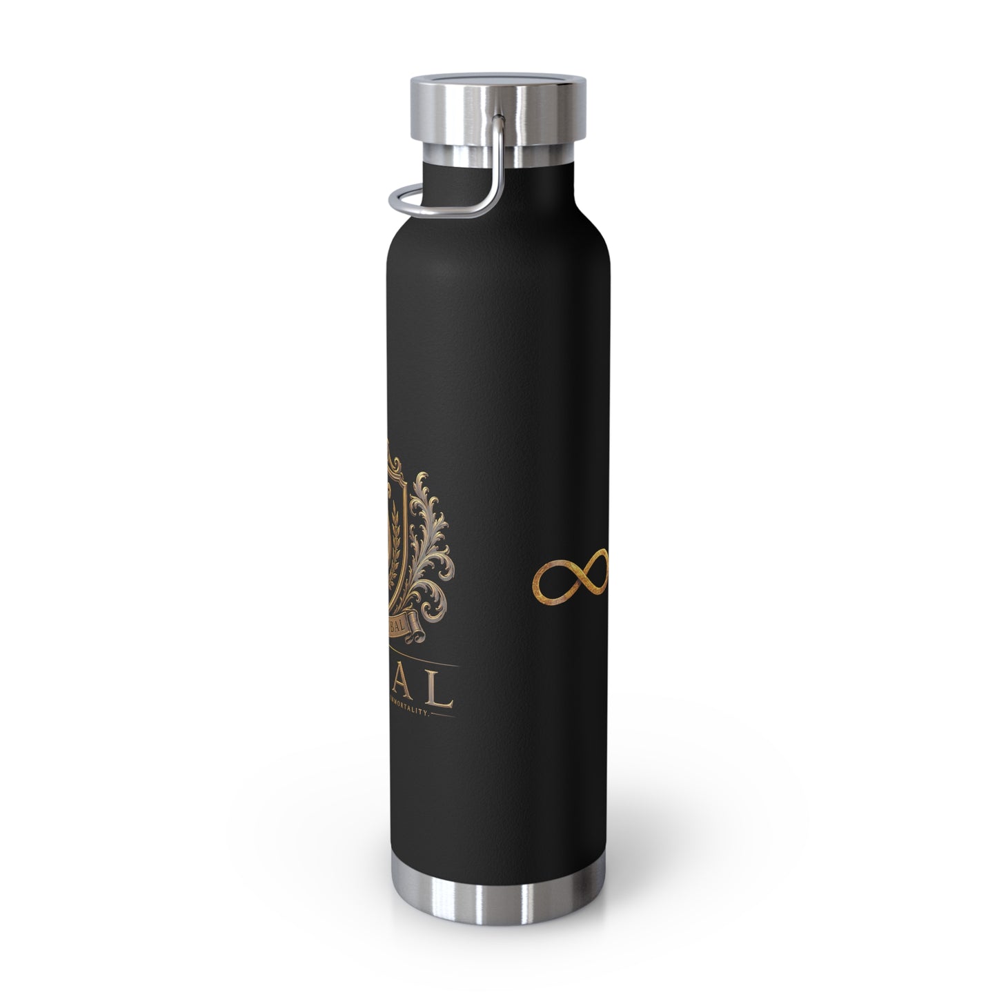 22oz Copper Vacuum Insulated Bottle — Black Matte with Ornate Gold Jubal Crest