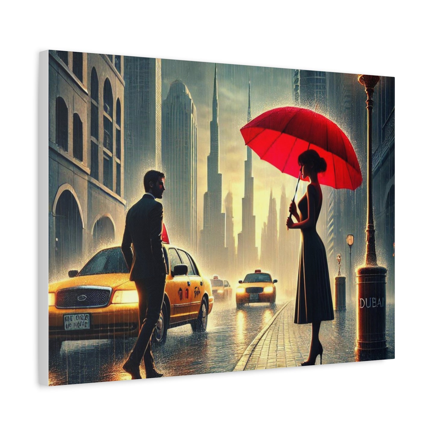 Rainy Night Romance Canvas Print — Woman with Red Umbrella Street Scene Dubai