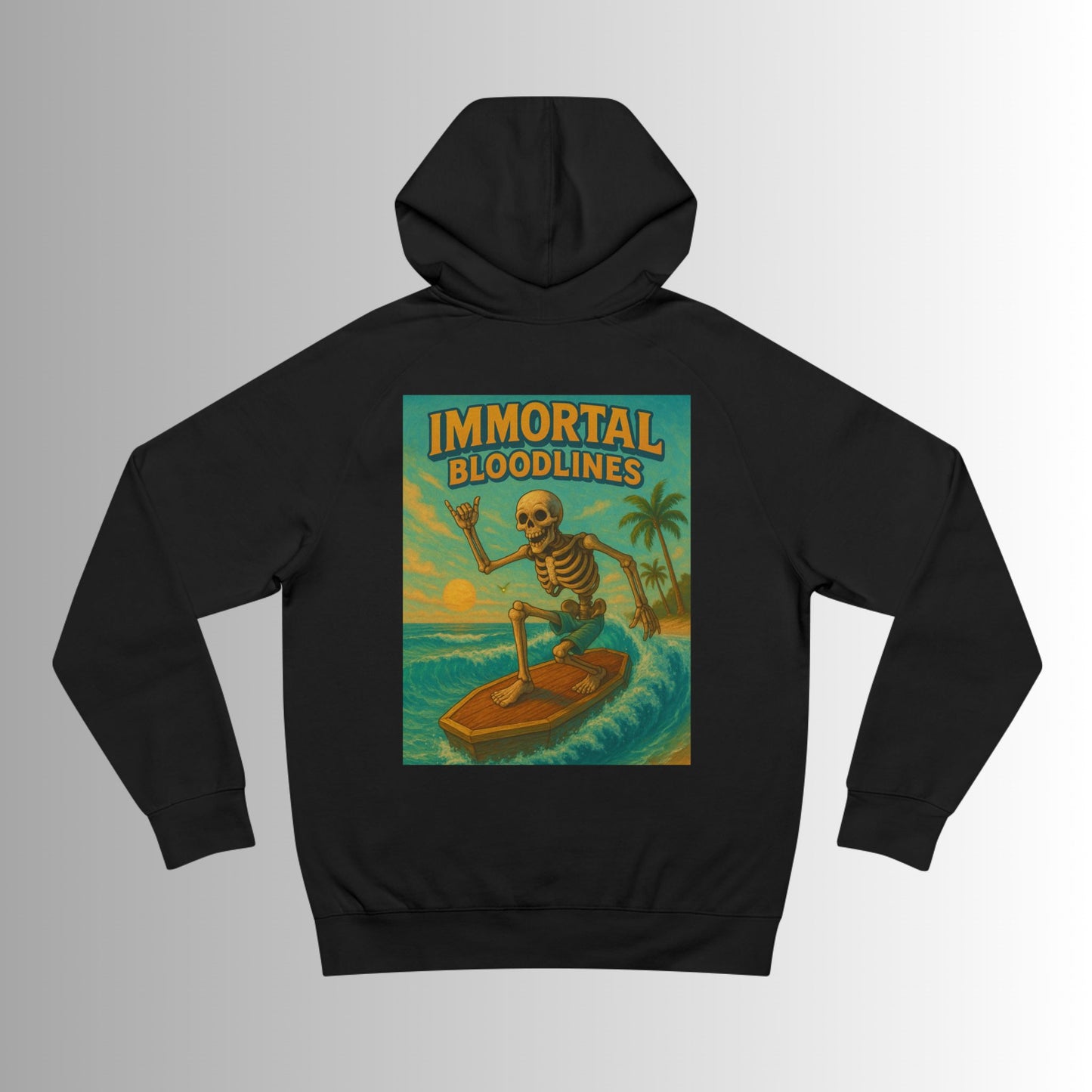 IB Surf Shack Hoodie — Retro Wave Skeleton Surf Graphic Pullover