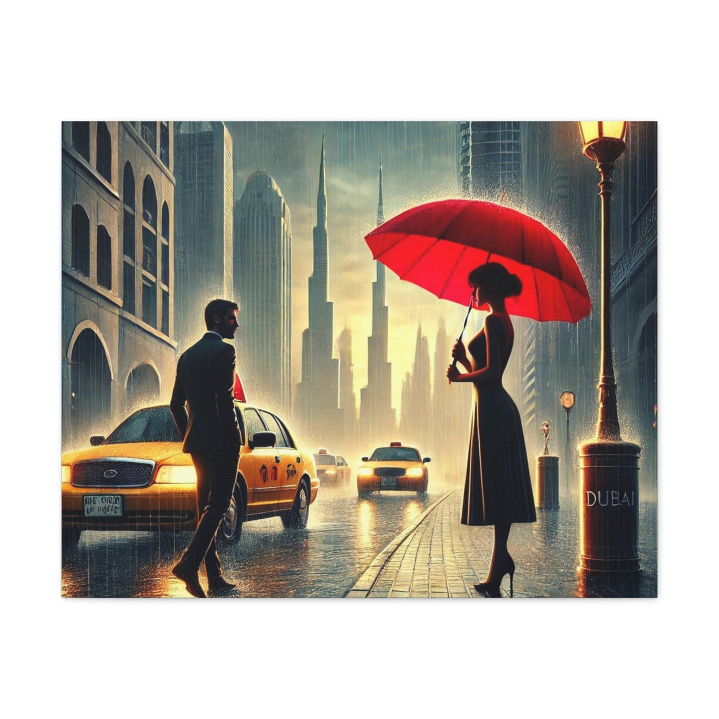 Rainy Night Romance Canvas Print — Woman with Red Umbrella Street Scene Dubai