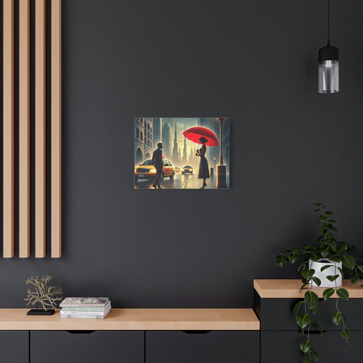 Rainy Night Romance Canvas Print — Woman with Red Umbrella Street Scene Dubai