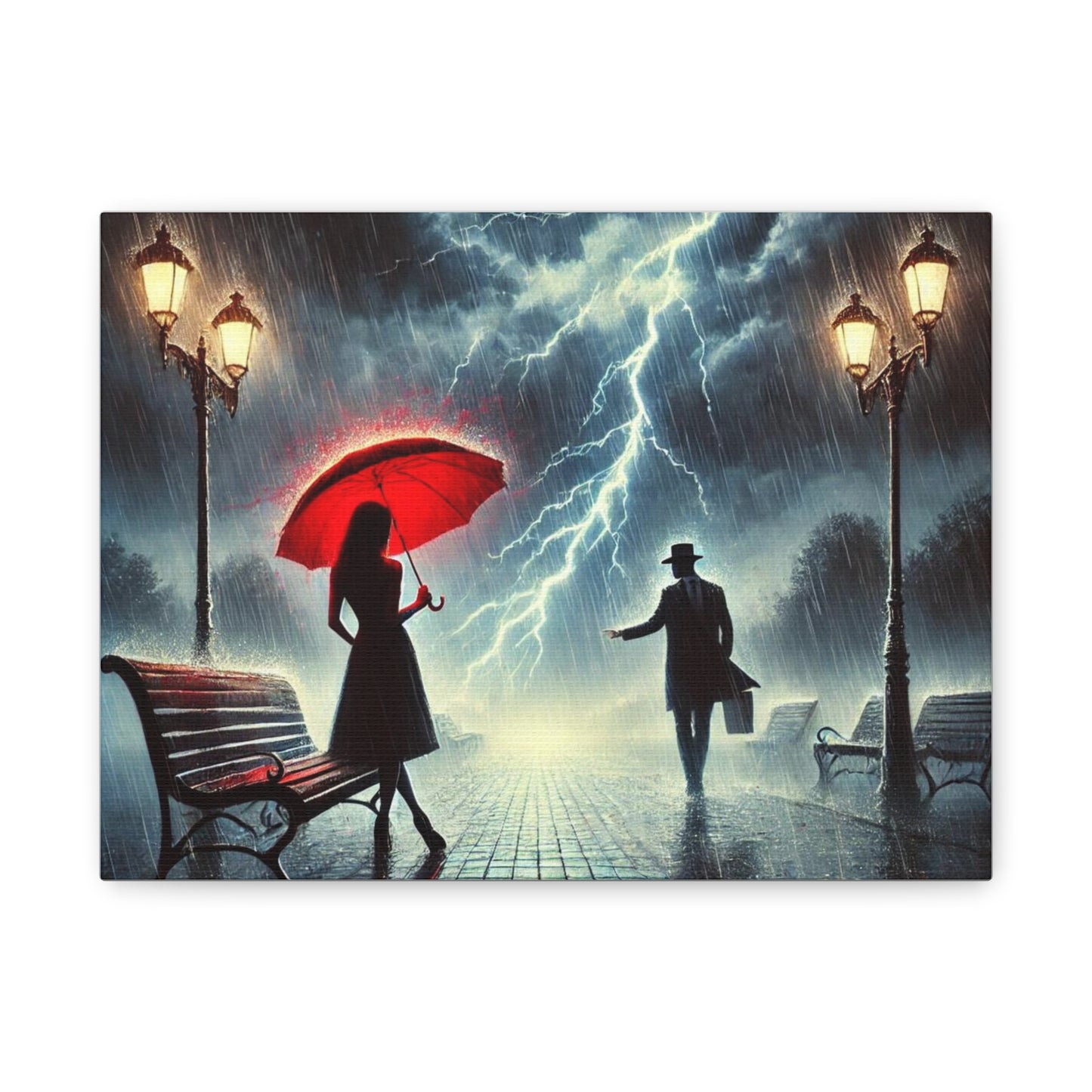 Rainy Night Romance Canvas Print — Woman with Red Umbrella Street Scene