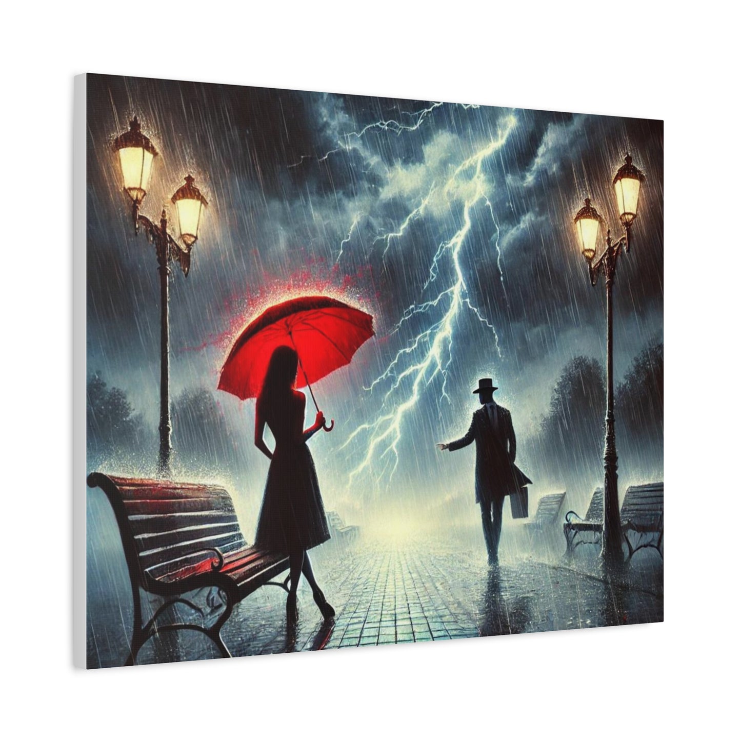 Rainy Night Romance Canvas Print — Woman with Red Umbrella Street Scene