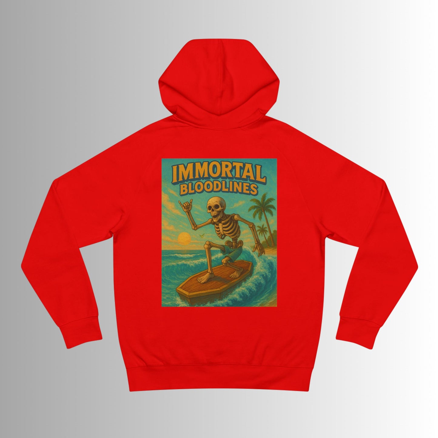 IB Surf Shack Hoodie — Retro Wave Skeleton Surf Graphic Pullover