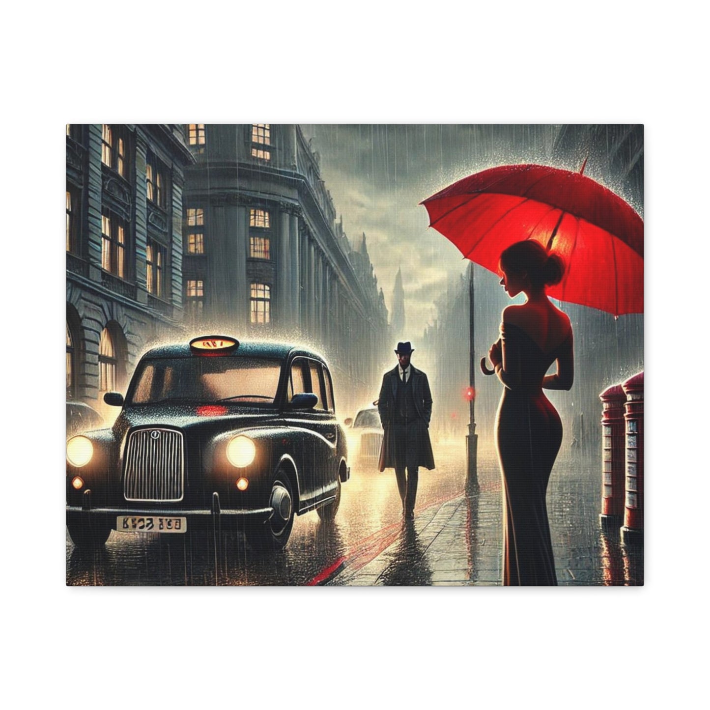 Rainy Night Romance Canvas Print — Woman with Red Umbrella Street Scene London