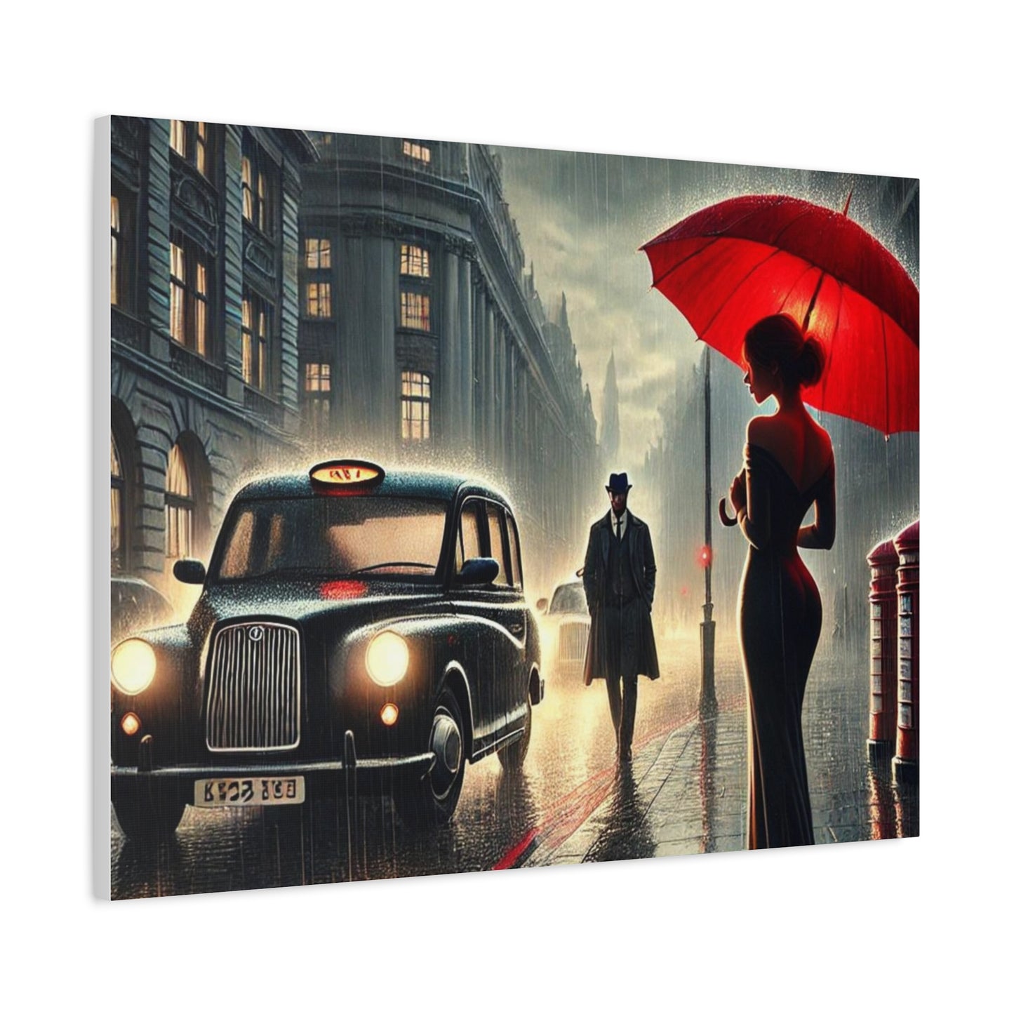 Rainy Night Romance Canvas Print — Woman with Red Umbrella Street Scene London