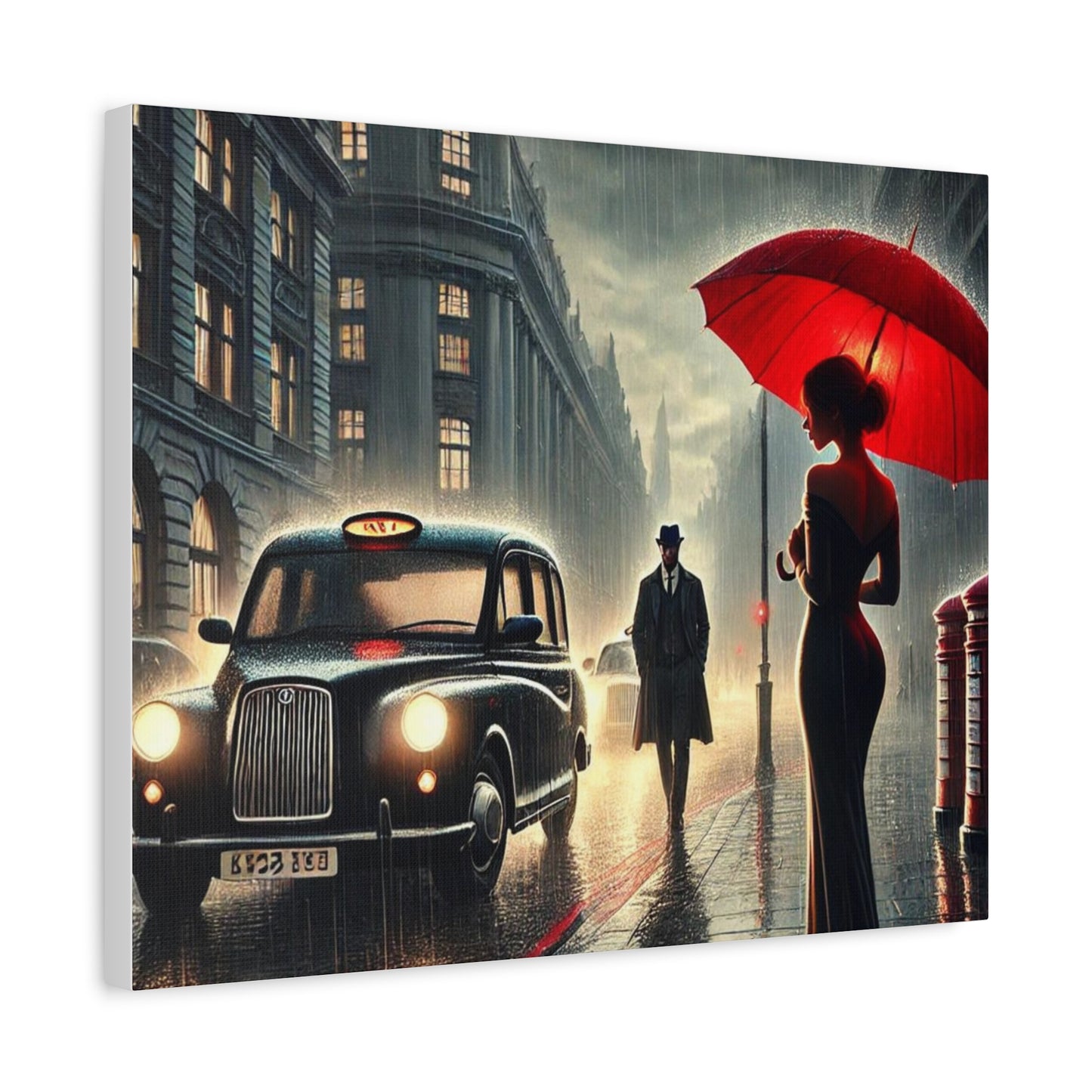 Rainy Night Romance Canvas Print — Woman with Red Umbrella Street Scene London
