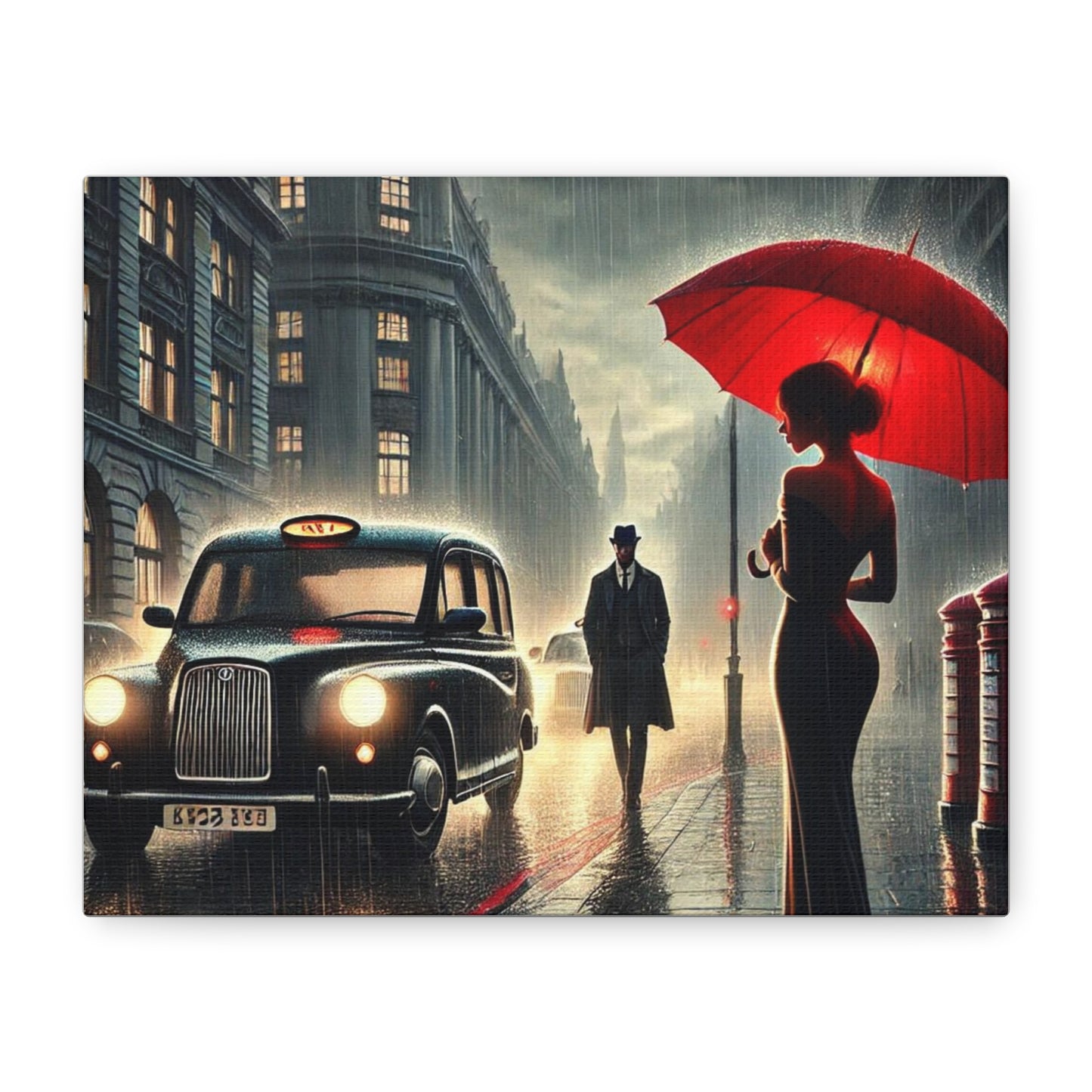 Rainy Night Romance Canvas Print — Woman with Red Umbrella Street Scene London