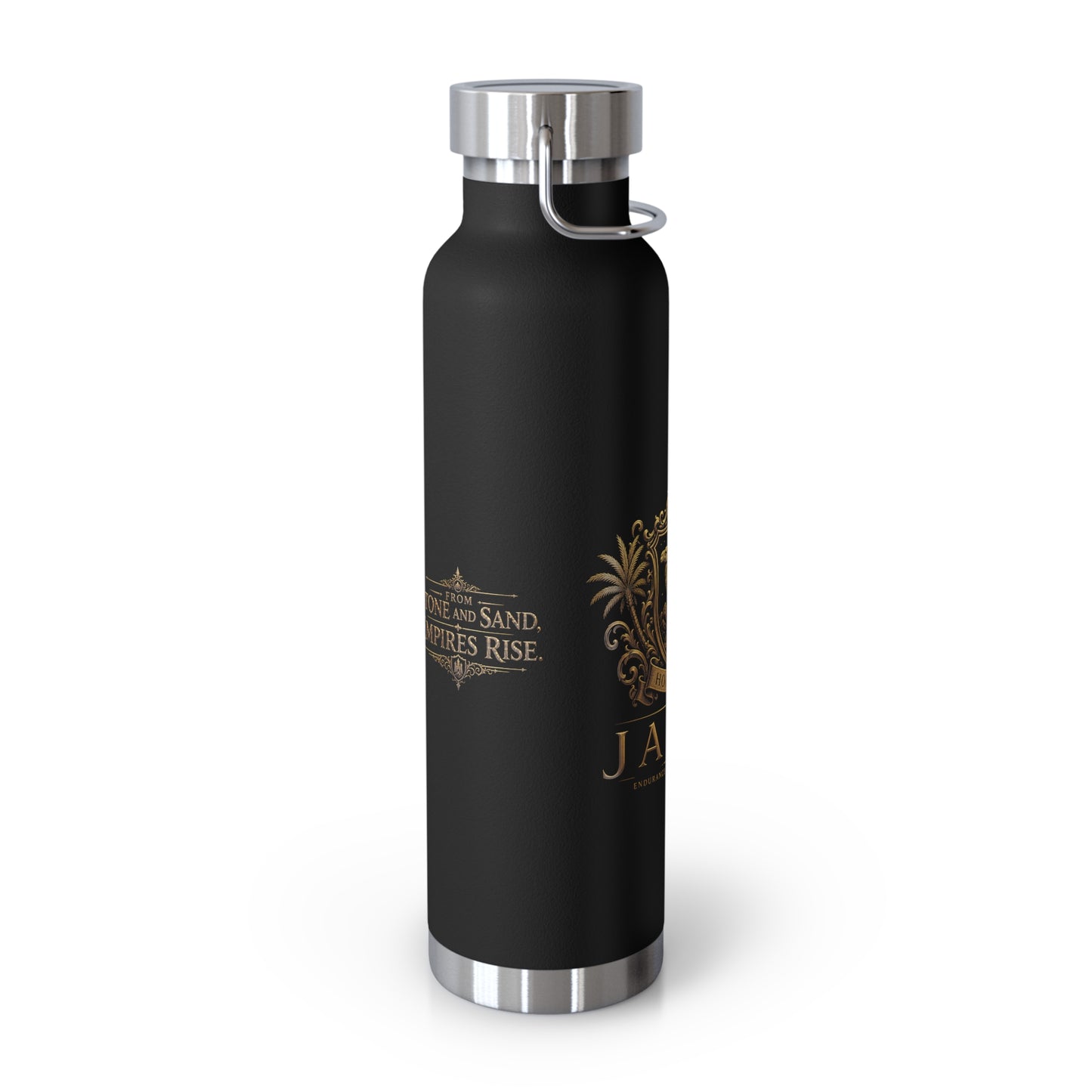 22oz Copper Vacuum Insulated Bottle — Black Matte with Ornate Gold Jabal Crest