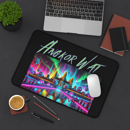 Angkor Wat Neon Desk Mat — Retro Vaporwave Mouse Pad