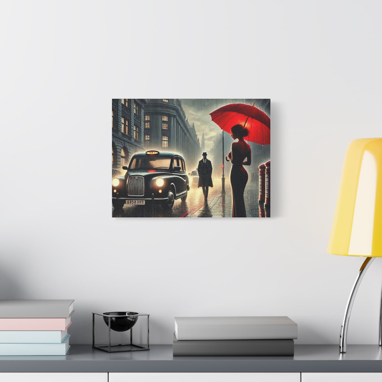 Rainy Night Romance Canvas Print — Woman with Red Umbrella Street Scene London