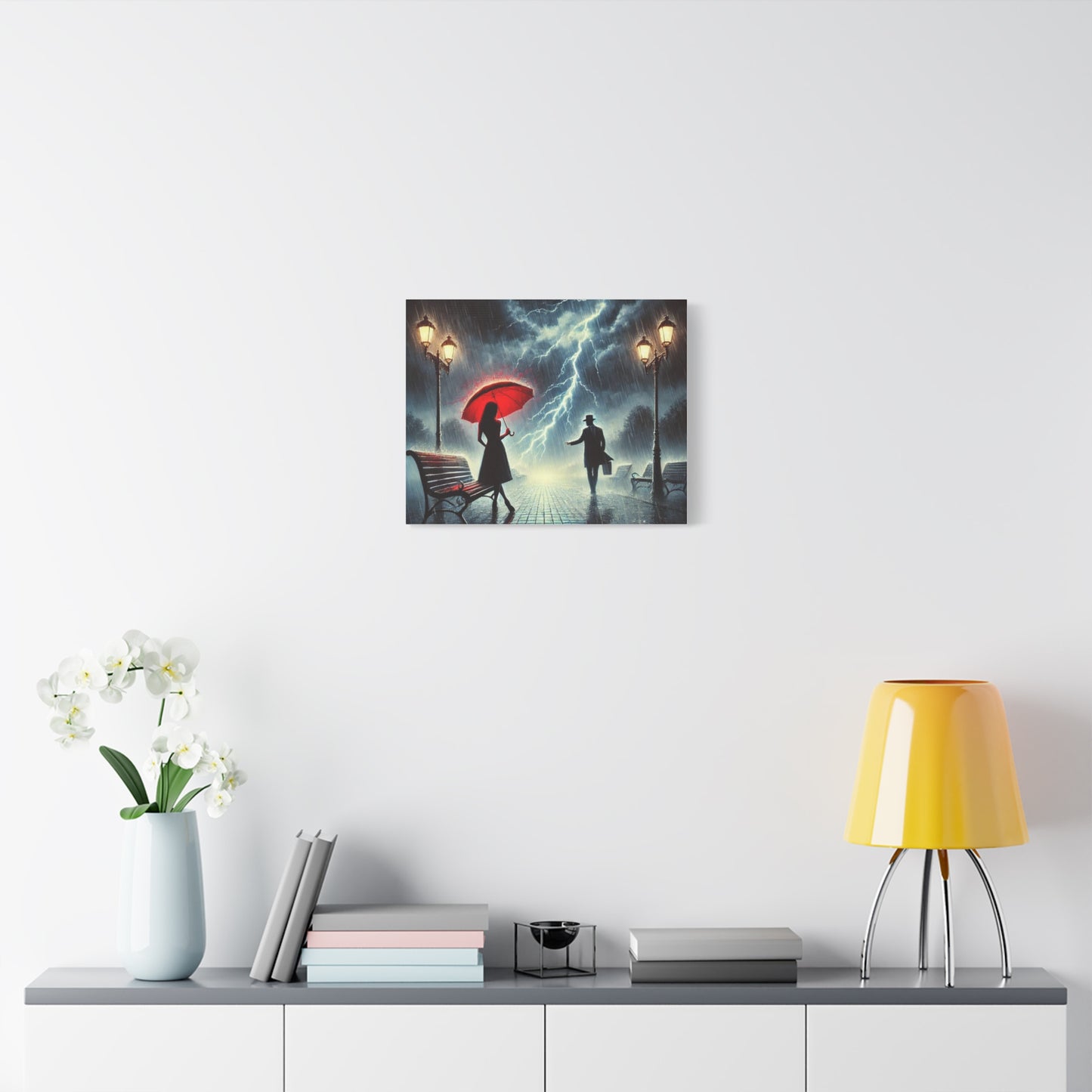Rainy Night Romance Canvas Print — Woman with Red Umbrella Street Scene