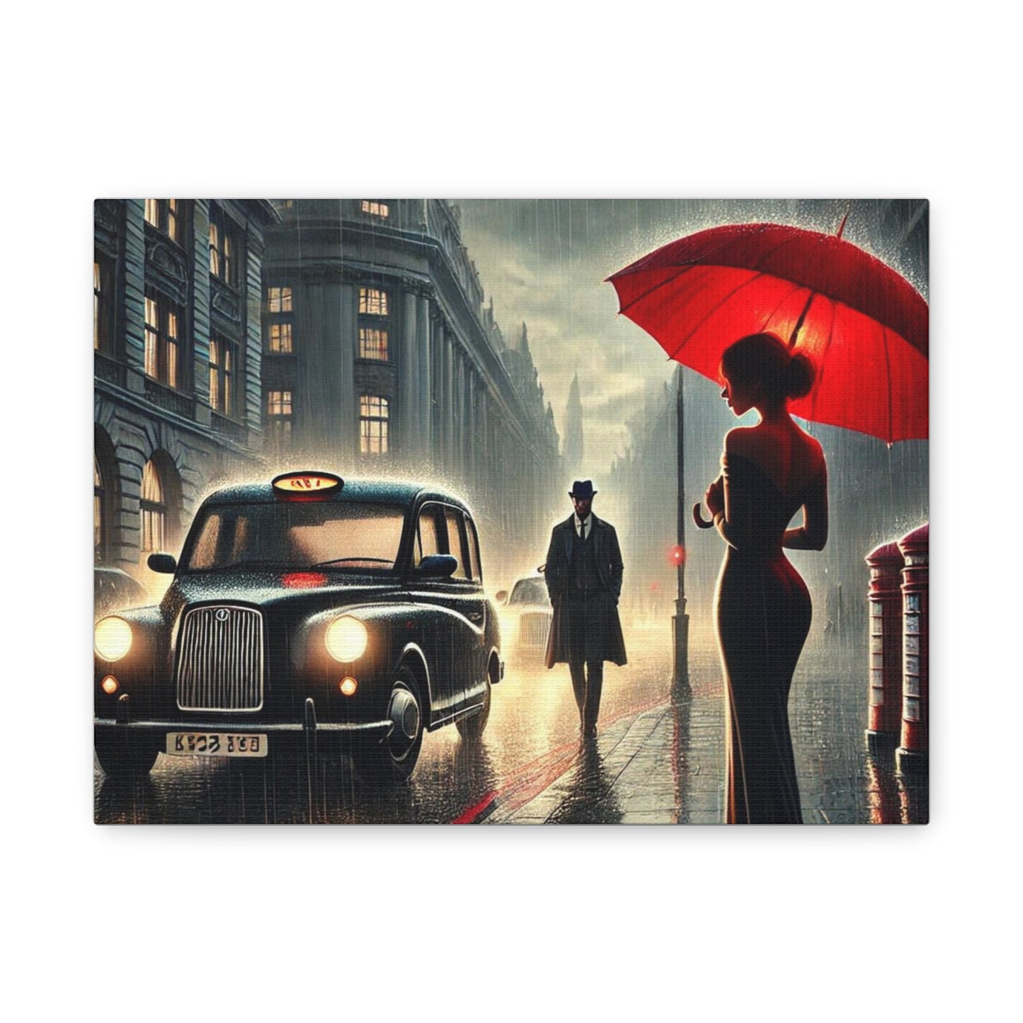Rainy Night Romance Canvas Print — Woman with Red Umbrella Street Scene London