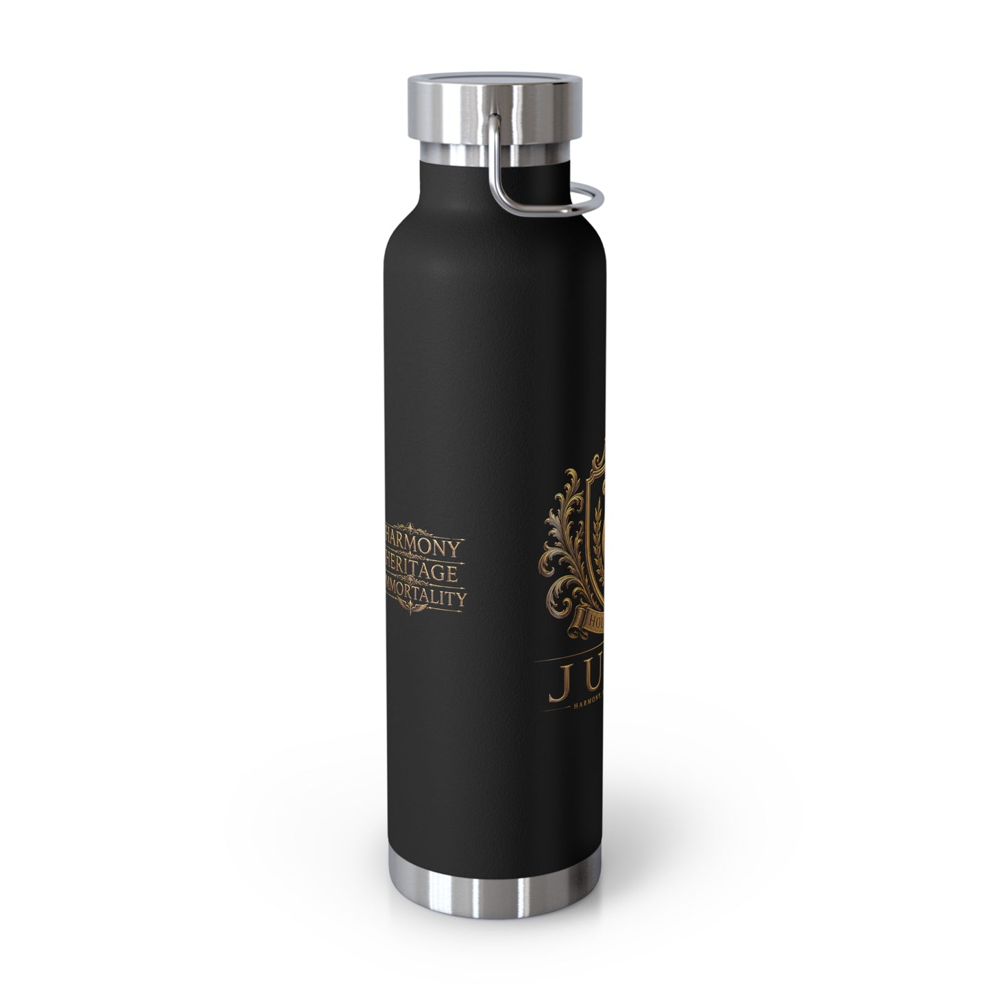 22oz Copper Vacuum Insulated Bottle — Black Matte with Ornate Gold Jubal Crest