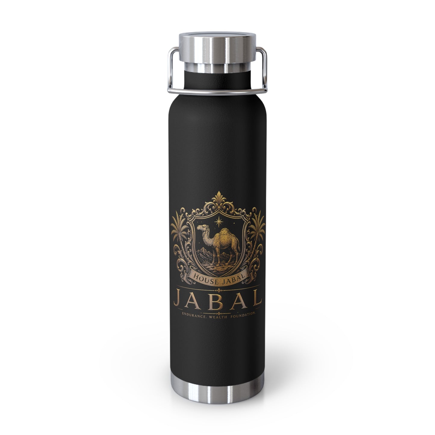 22oz Copper Vacuum Insulated Bottle — Black Matte with Ornate Gold Jabal Crest