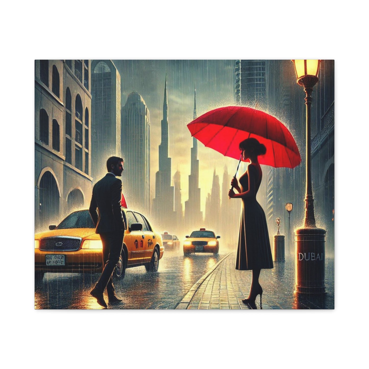 Rainy Night Romance Canvas Print — Woman with Red Umbrella Street Scene Dubai