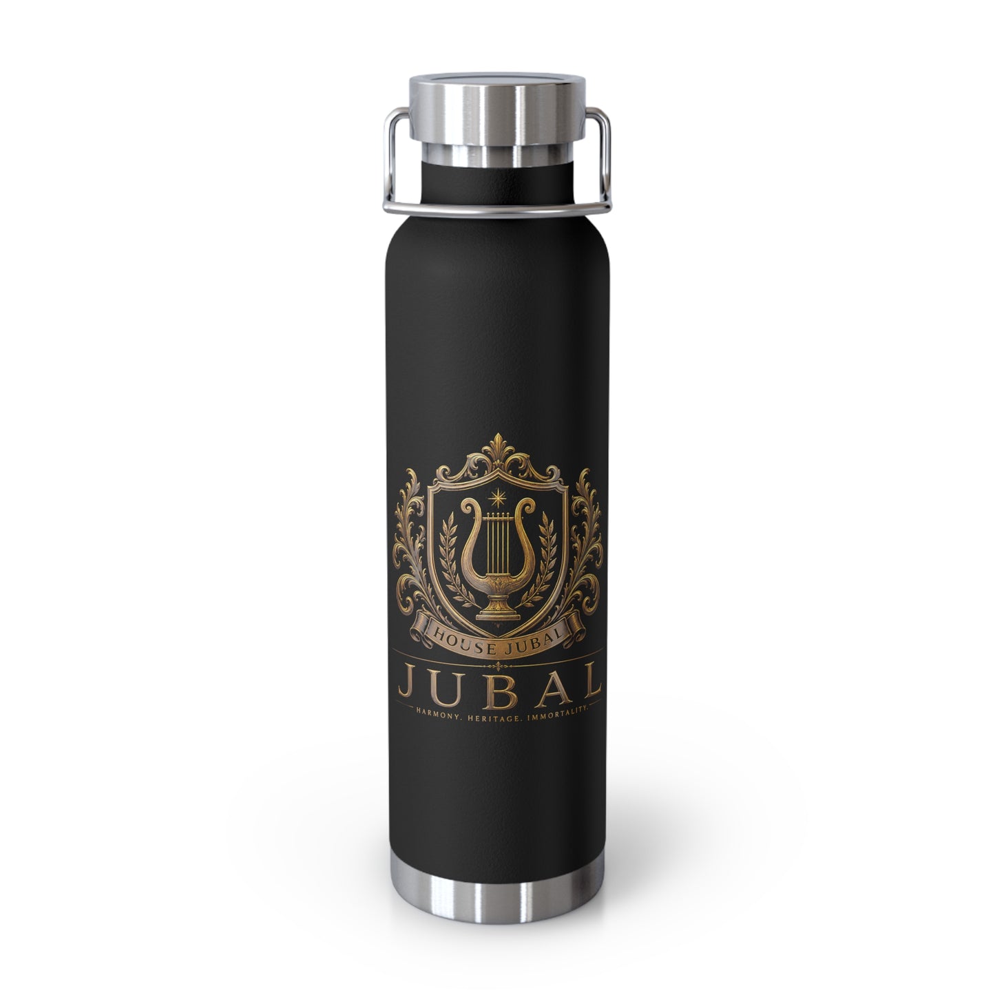 22oz Copper Vacuum Insulated Bottle — Black Matte with Ornate Gold Jubal Crest