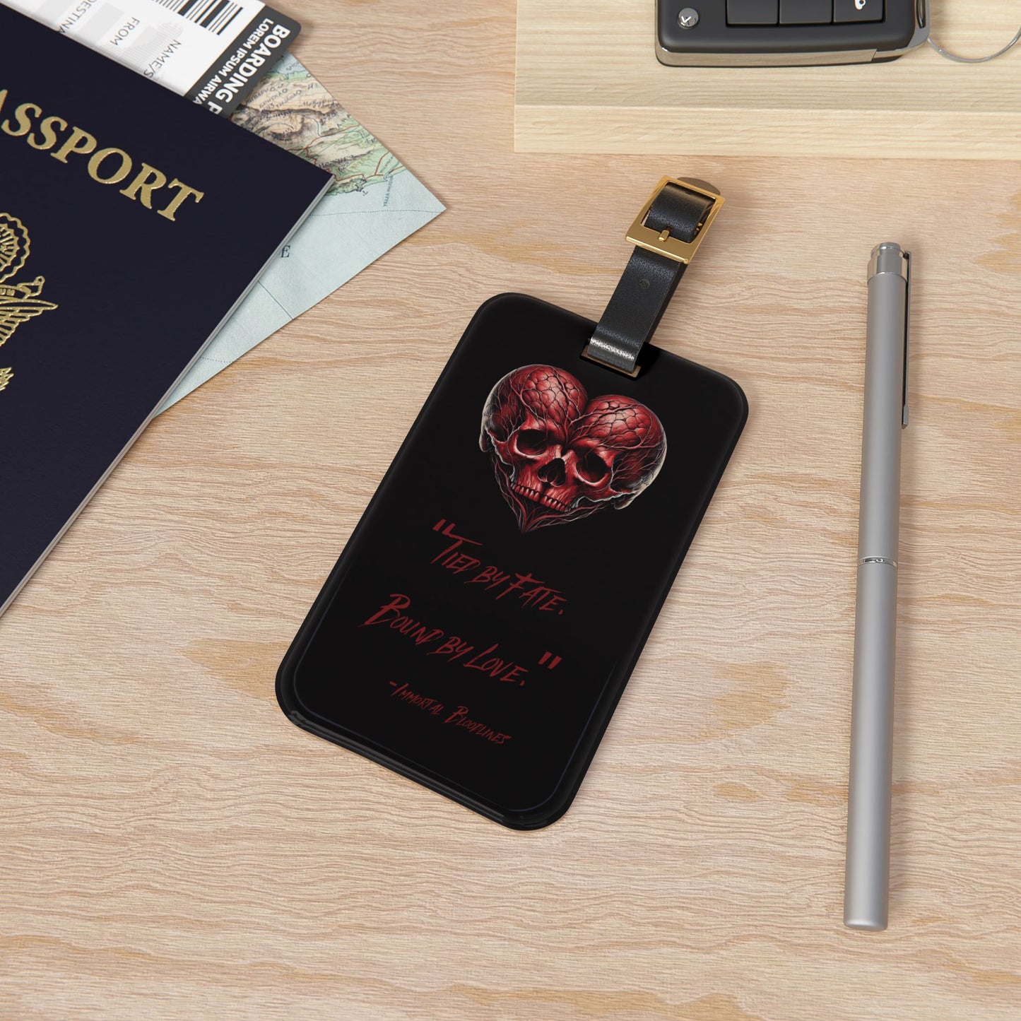 Luggage Tag - Red Skull Heart Design with Quote “Tied by Fate, Bound by Love”