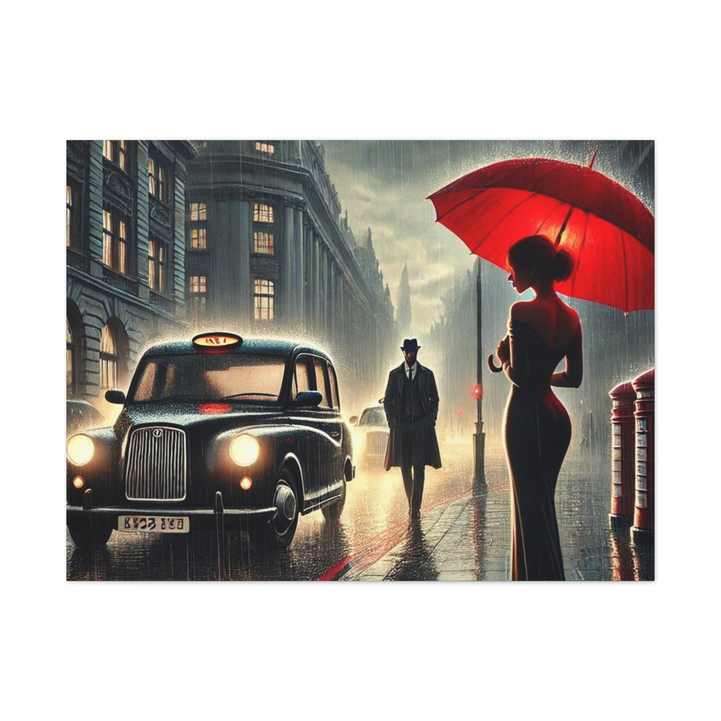 Rainy Night Romance Canvas Print — Woman with Red Umbrella Street Scene London