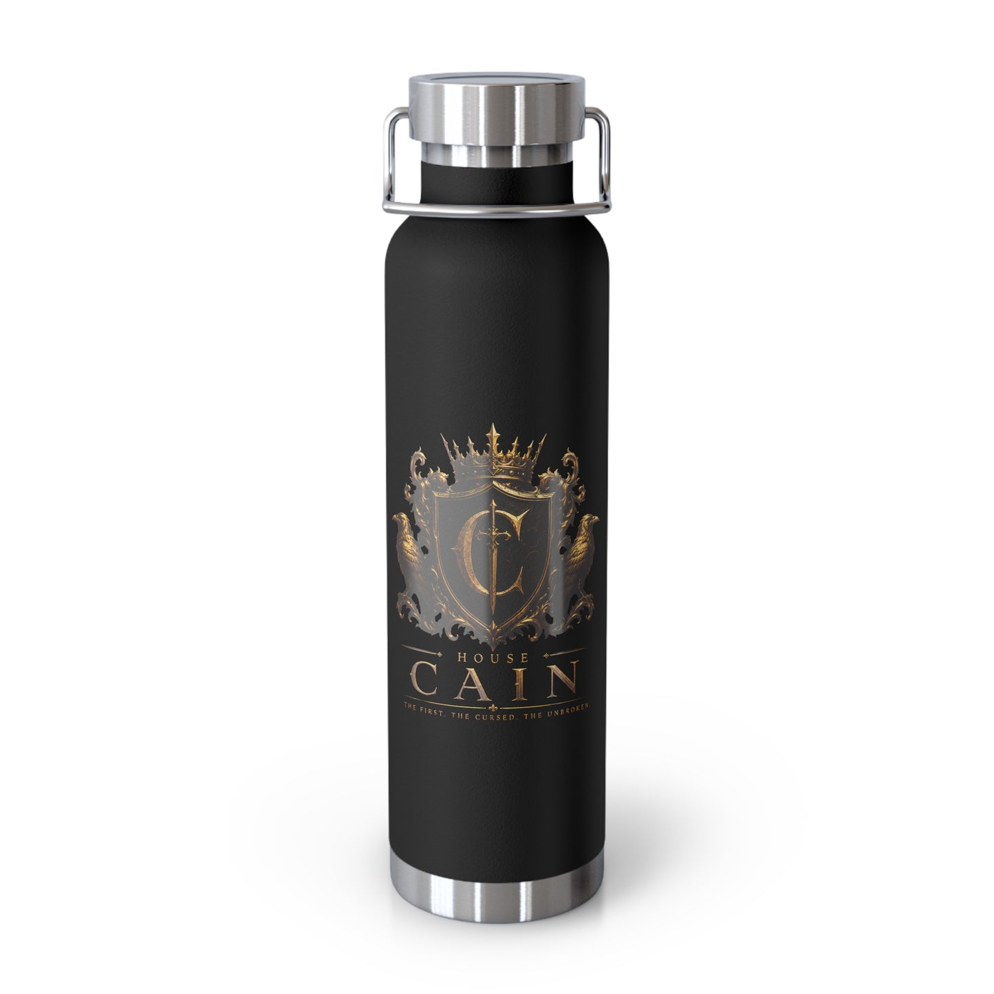 22oz Copper Vacuum Insulated Bottle — Black Matte with Ornate Gold Cain Crest