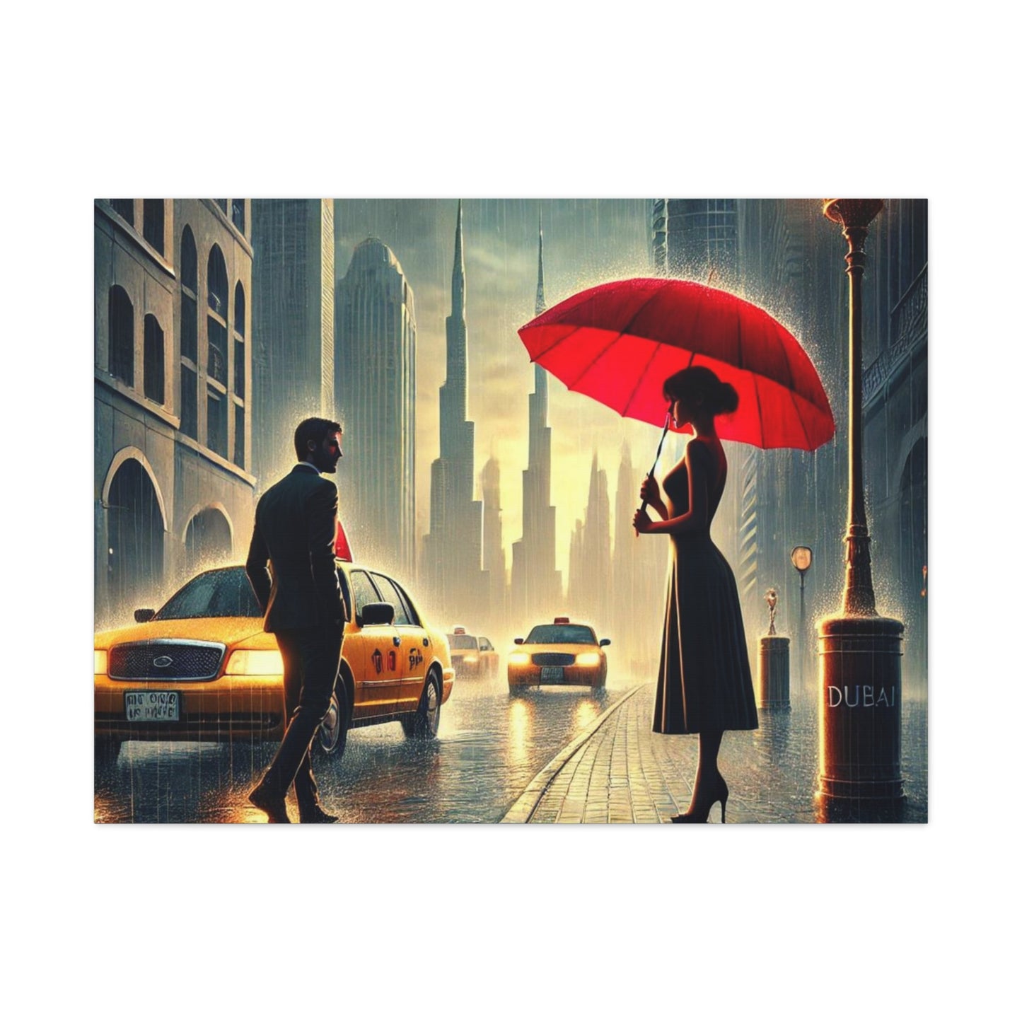 Rainy Night Romance Canvas Print — Woman with Red Umbrella Street Scene Dubai