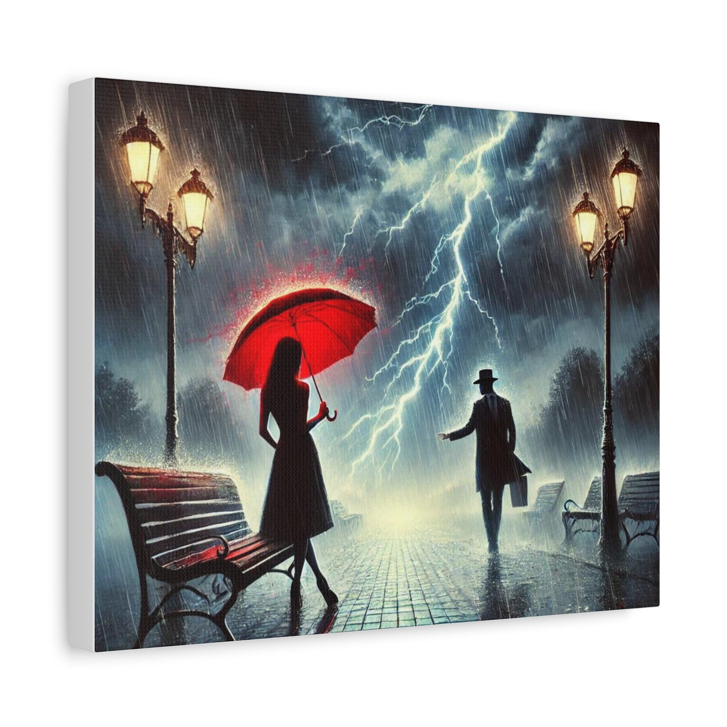 Rainy Night Romance Canvas Print — Woman with Red Umbrella Street Scene