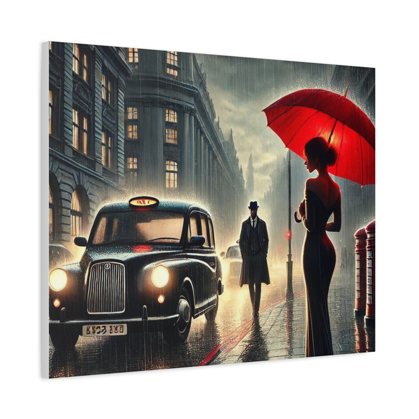 Rainy Night Romance Canvas Print — Woman with Red Umbrella Street Scene London