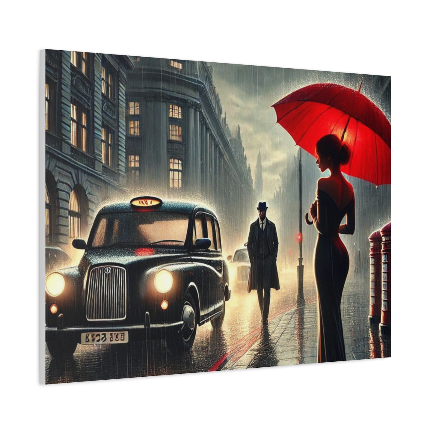 Rainy Night Romance Canvas Print — Woman with Red Umbrella Street Scene London