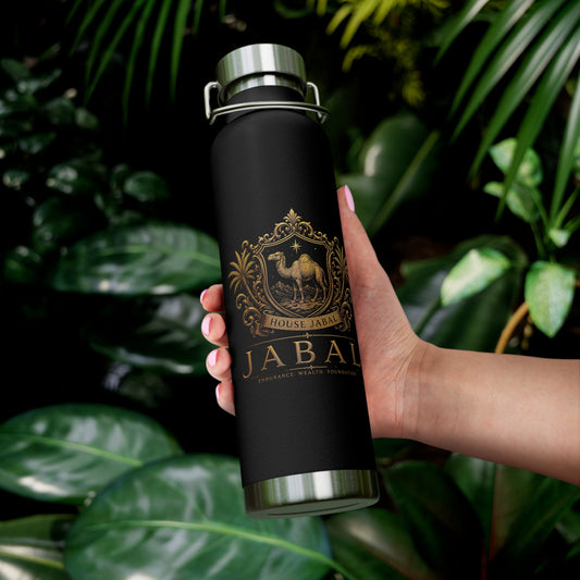 22oz Copper Vacuum Insulated Bottle — Black Matte with Ornate Gold Jabal Crest