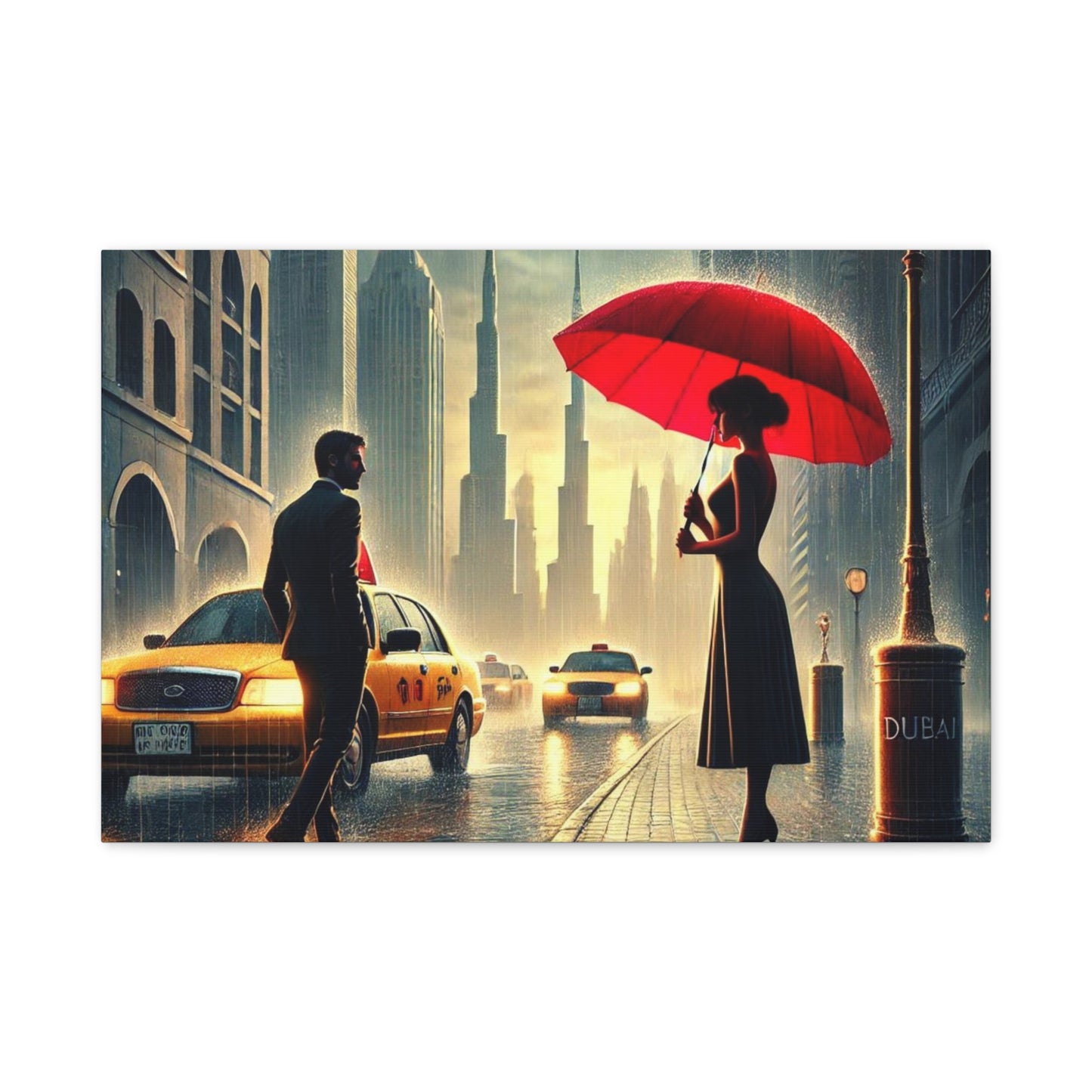 Rainy Night Romance Canvas Print — Woman with Red Umbrella Street Scene Dubai