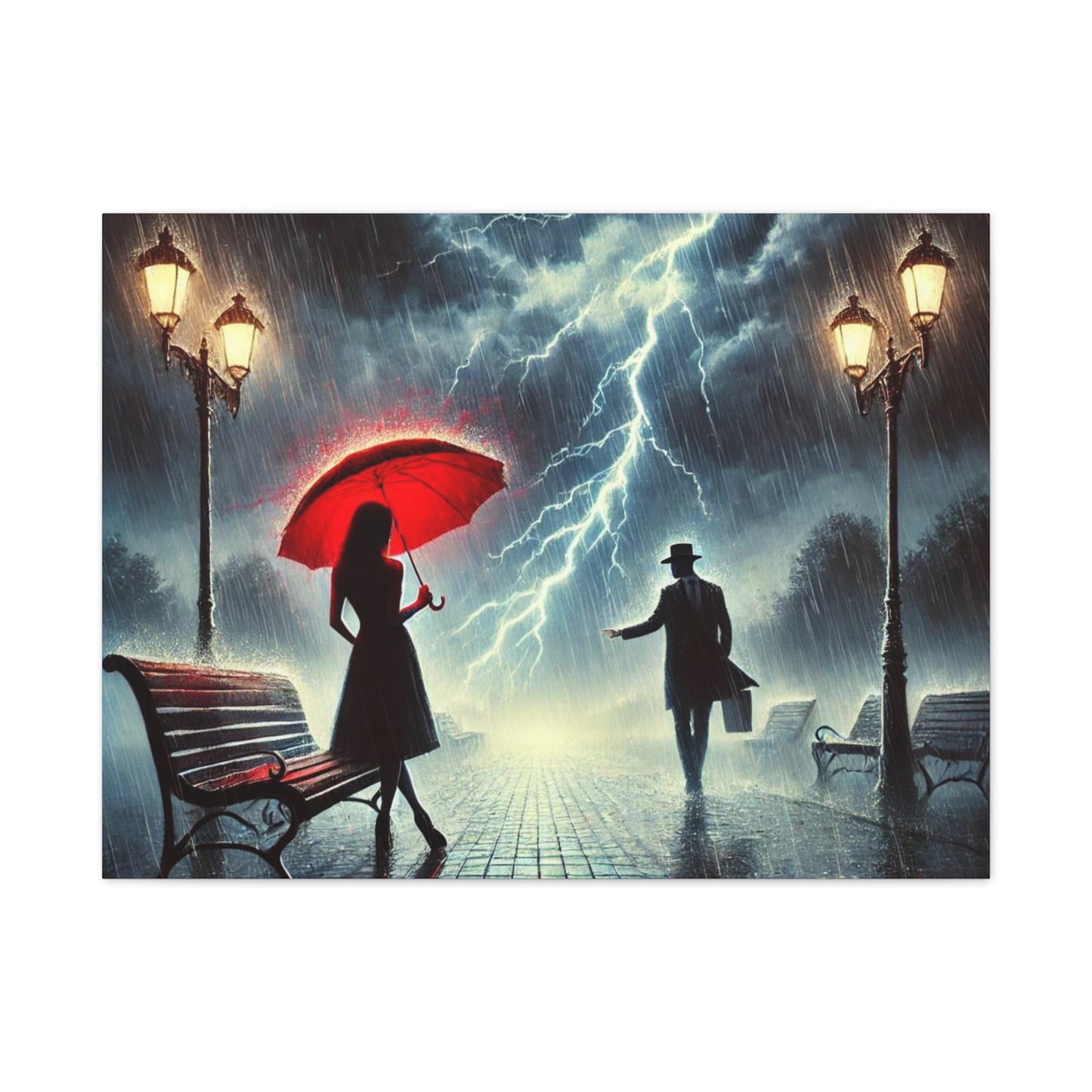 Rainy Night Romance Canvas Print — Woman with Red Umbrella Street Scene