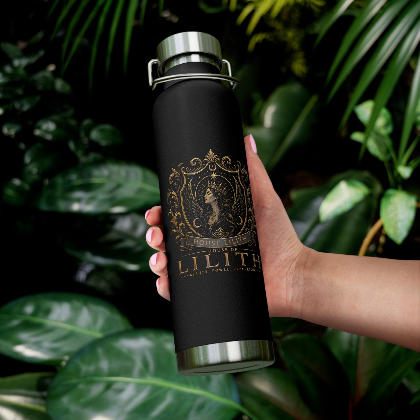 22oz Copper Vacuum Insulated Bottle — Black Matte with Ornate Gold Lilith Crest