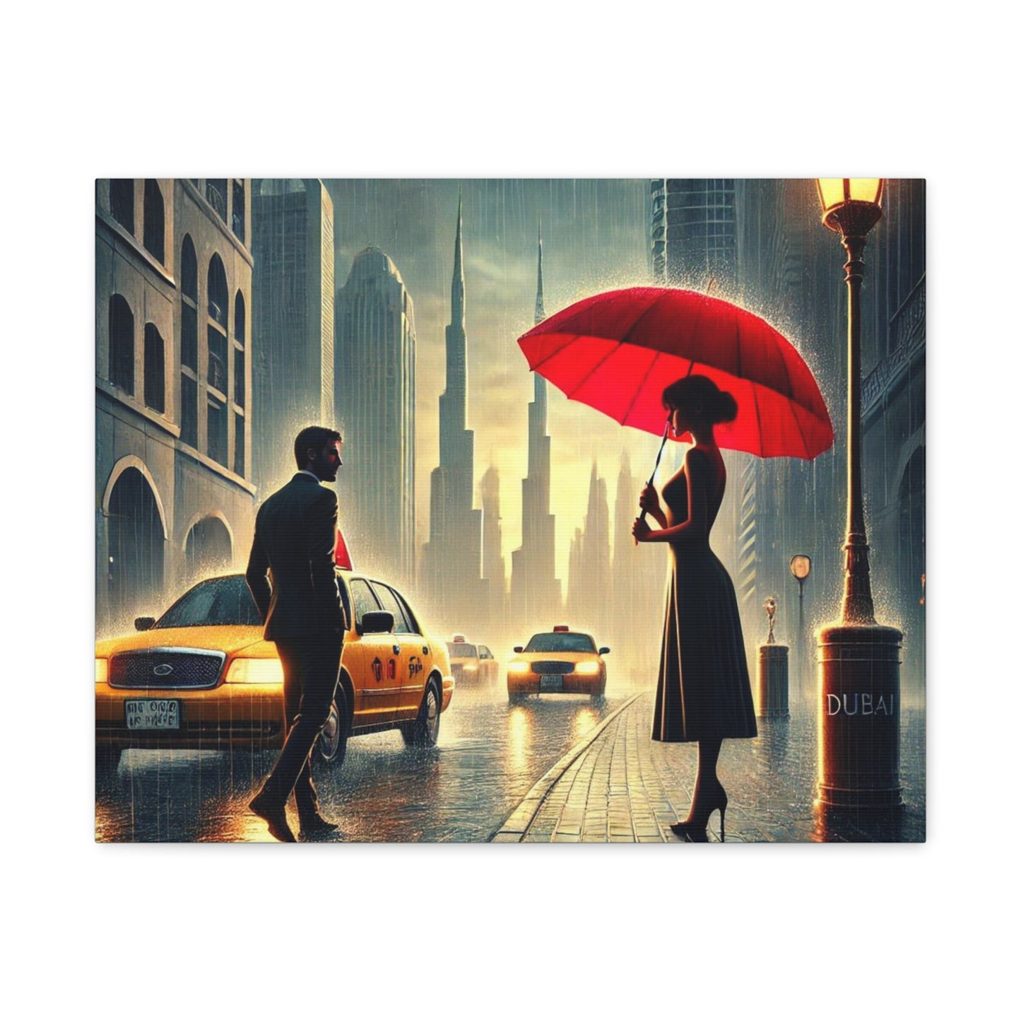 Rainy Night Romance Canvas Print — Woman with Red Umbrella Street Scene Dubai