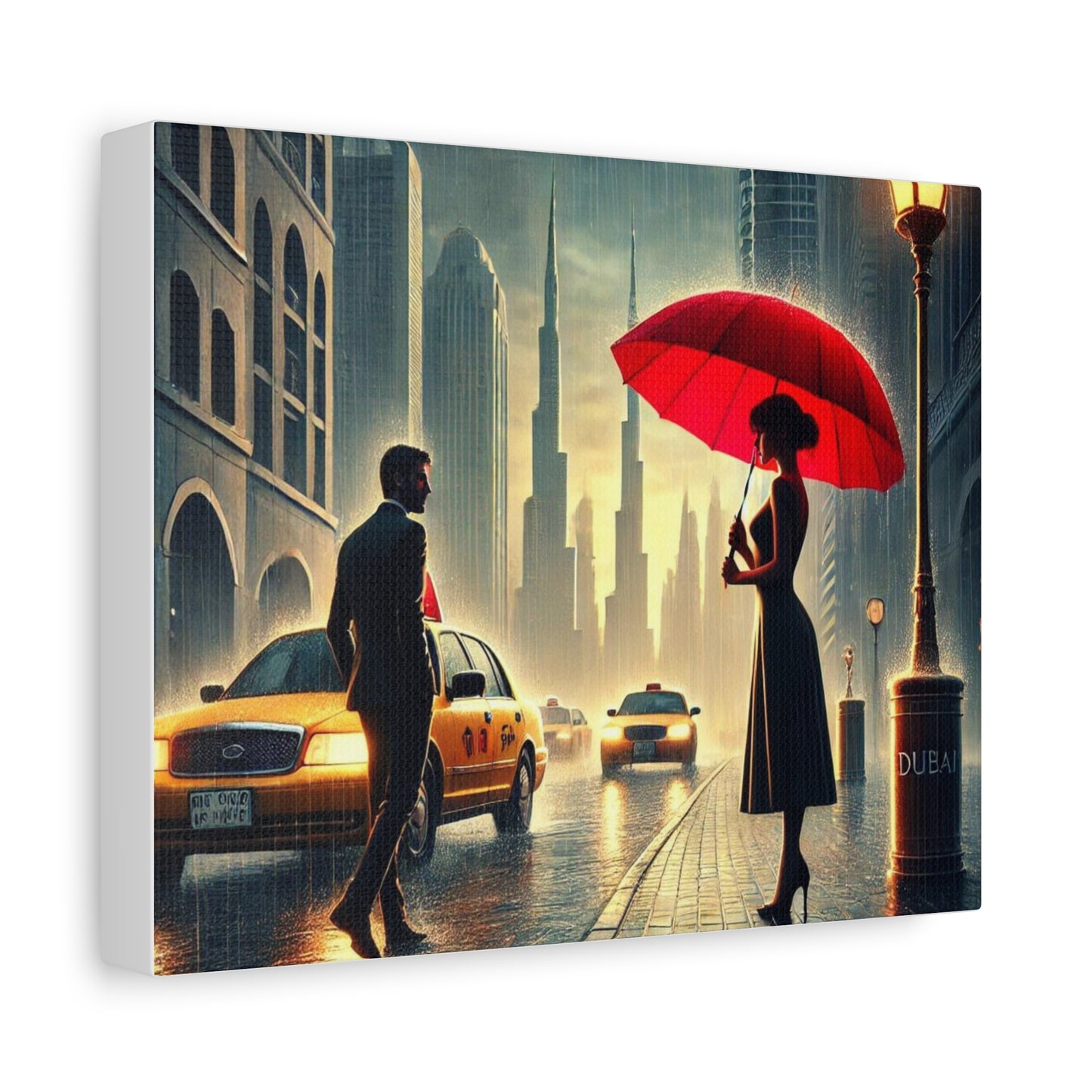 Rainy Night Romance Canvas Print — Woman with Red Umbrella Street Scene Dubai