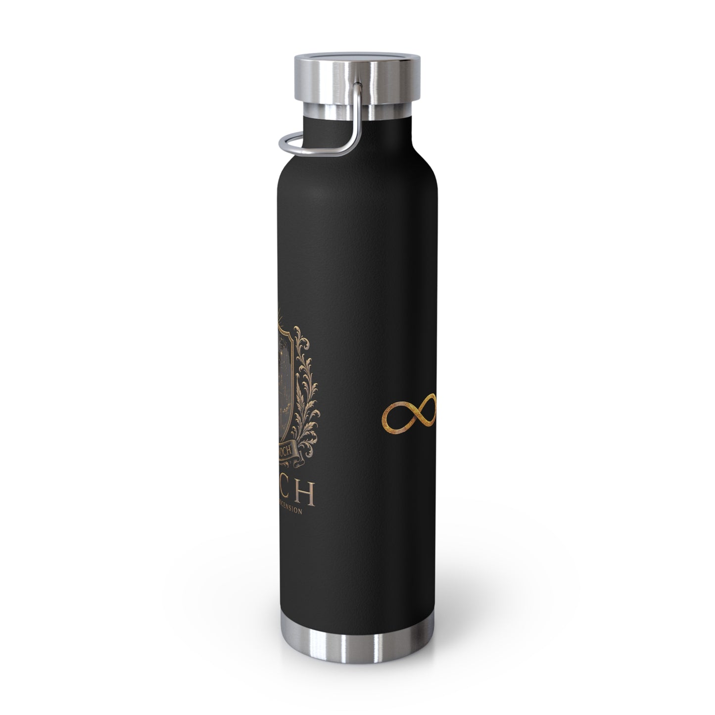 22oz Copper Vacuum Insulated Bottle — Black Matte with Ornate Gold Enoch Crest