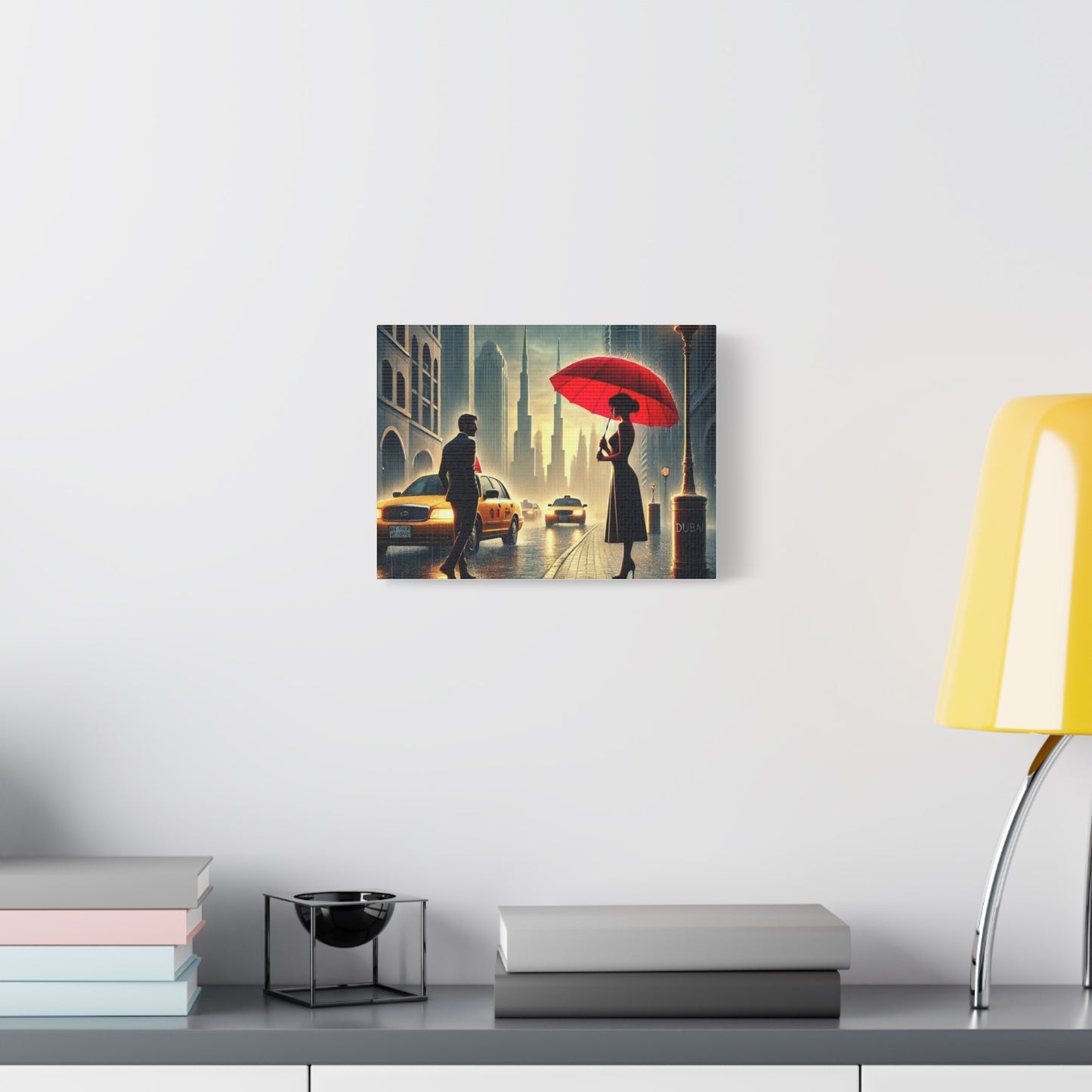 Rainy Night Romance Canvas Print — Woman with Red Umbrella Street Scene Dubai