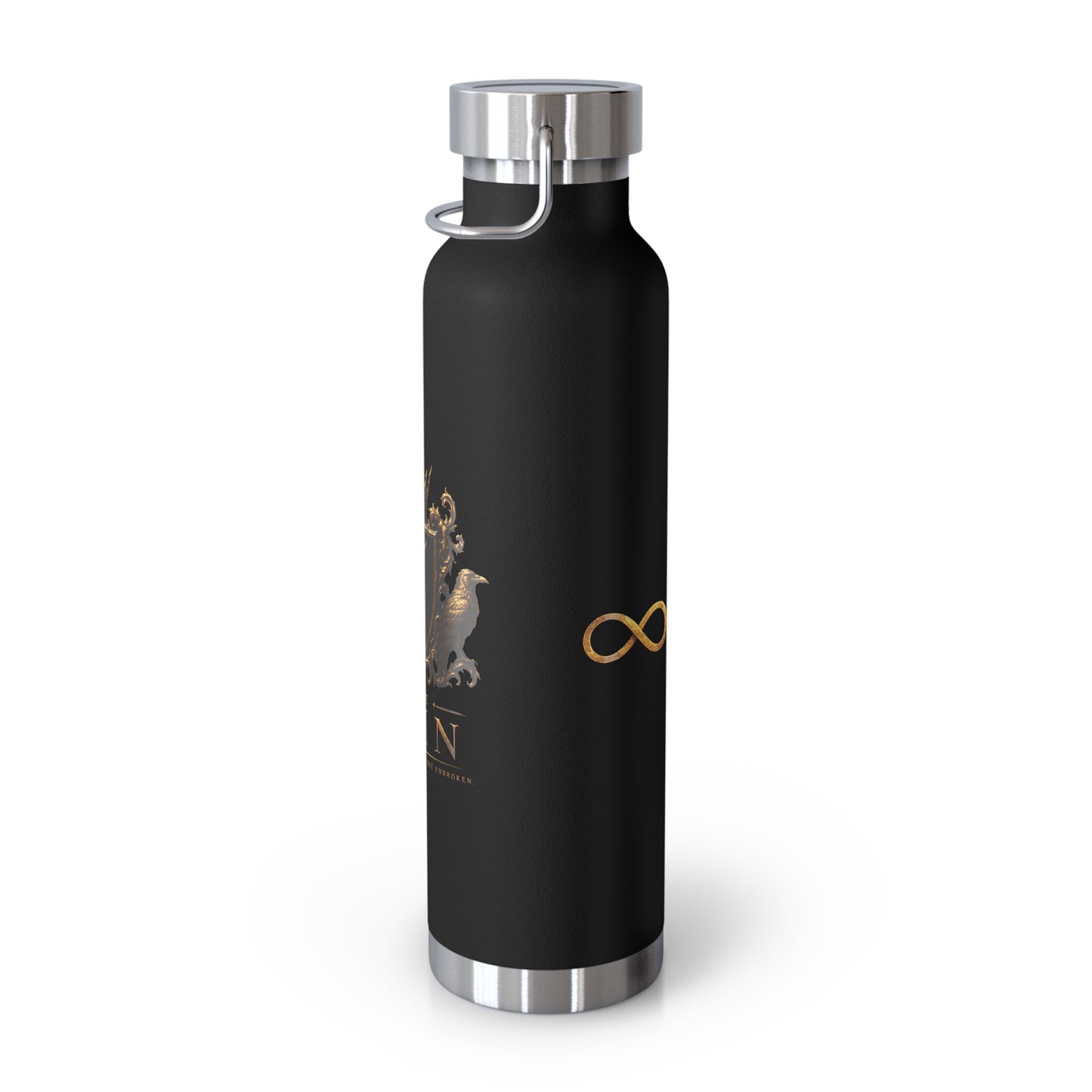 22oz Copper Vacuum Insulated Bottle — Black Matte with Ornate Gold Cain Crest