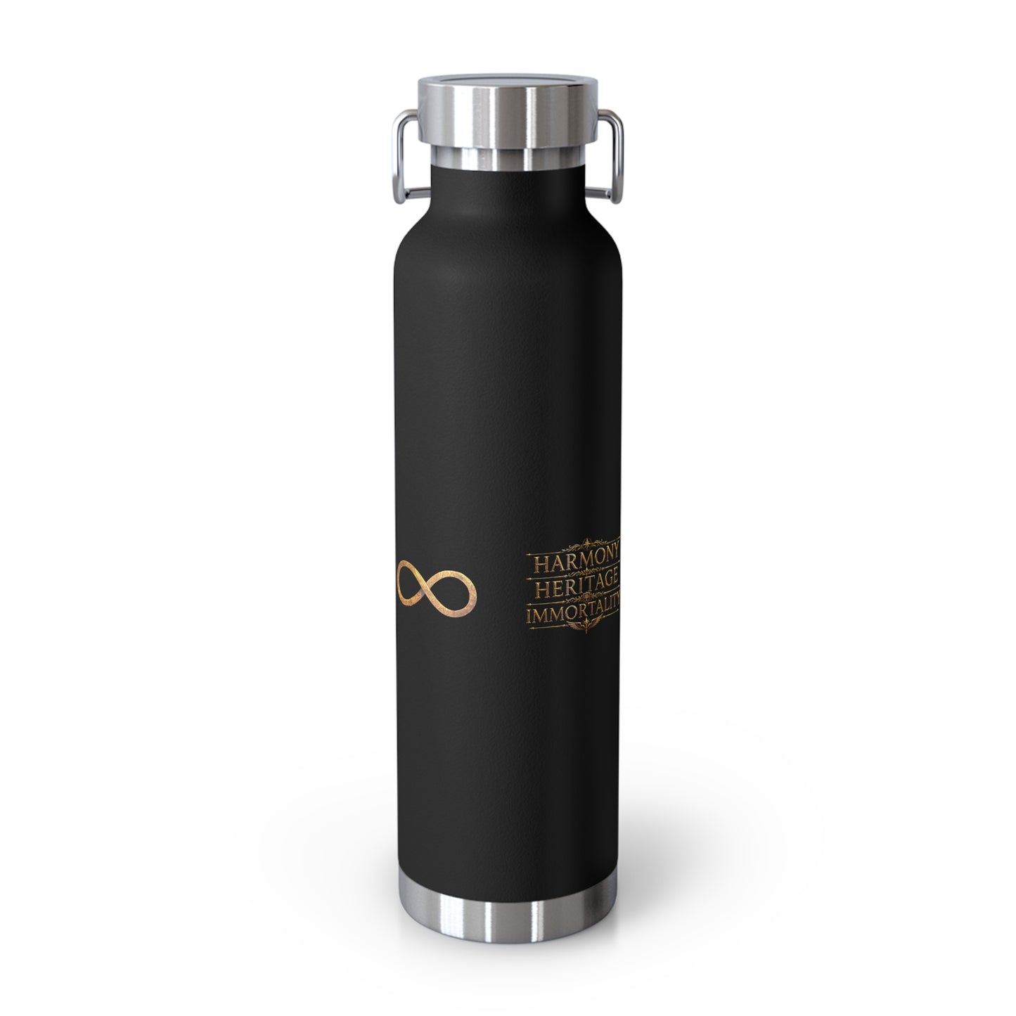 22oz Copper Vacuum Insulated Bottle — Black Matte with Ornate Gold Jubal Crest
