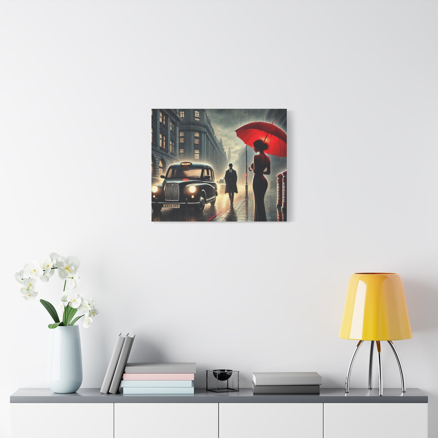 Rainy Night Romance Canvas Print — Woman with Red Umbrella Street Scene London