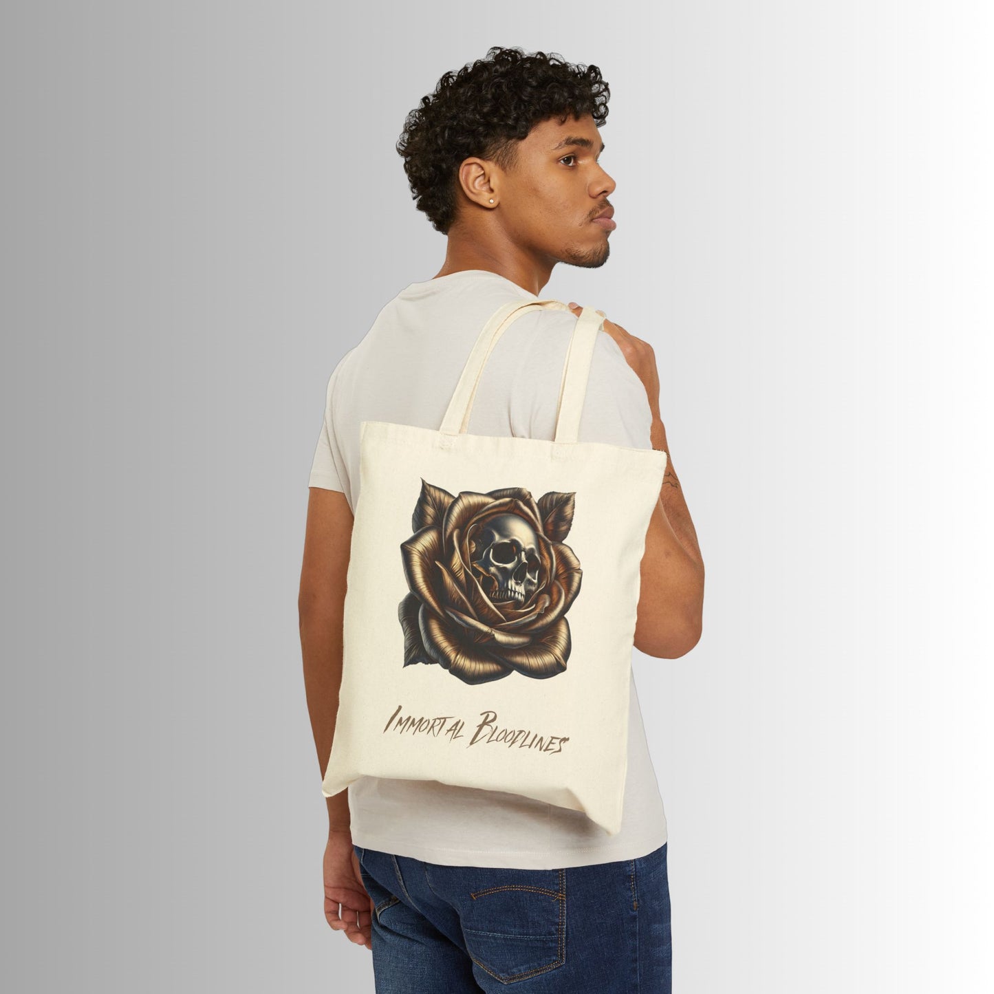 Immortal Bloodlines Gothic Tote Bag - Stylish Canvas Shopper for Art Lovers Rose Skull Gold