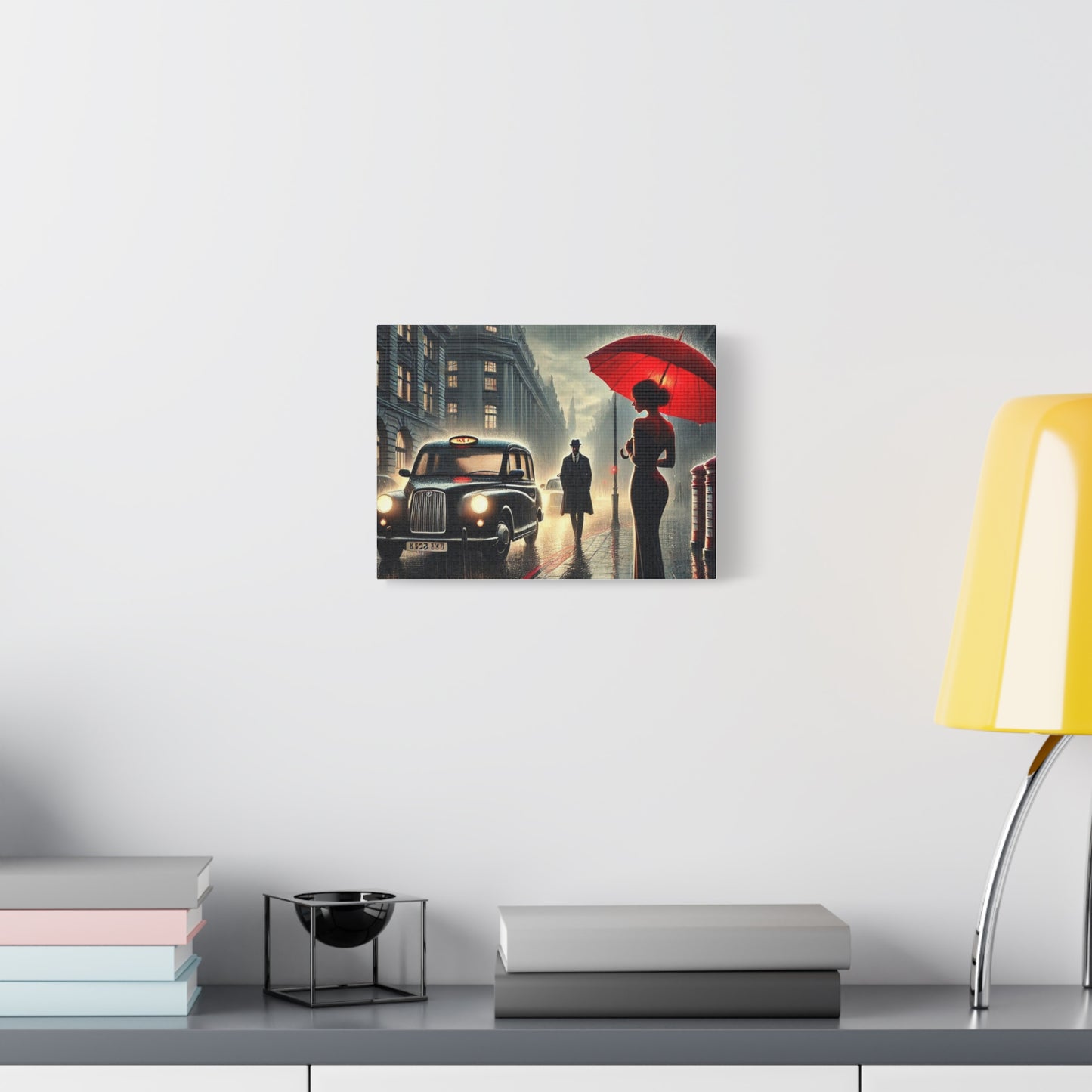 Rainy Night Romance Canvas Print — Woman with Red Umbrella Street Scene London