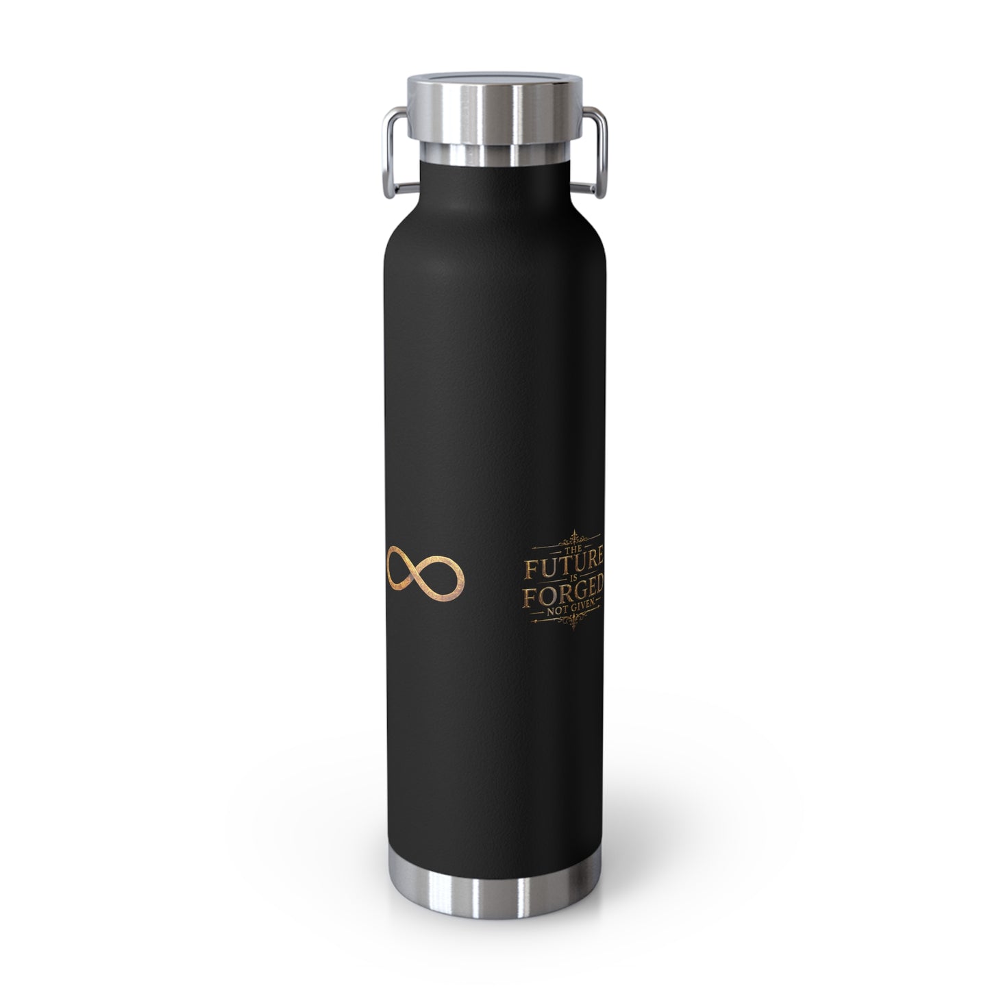 22oz Copper Vacuum Insulated Bottle — Black Matte with Ornate Gold Tubal-Cain Crest