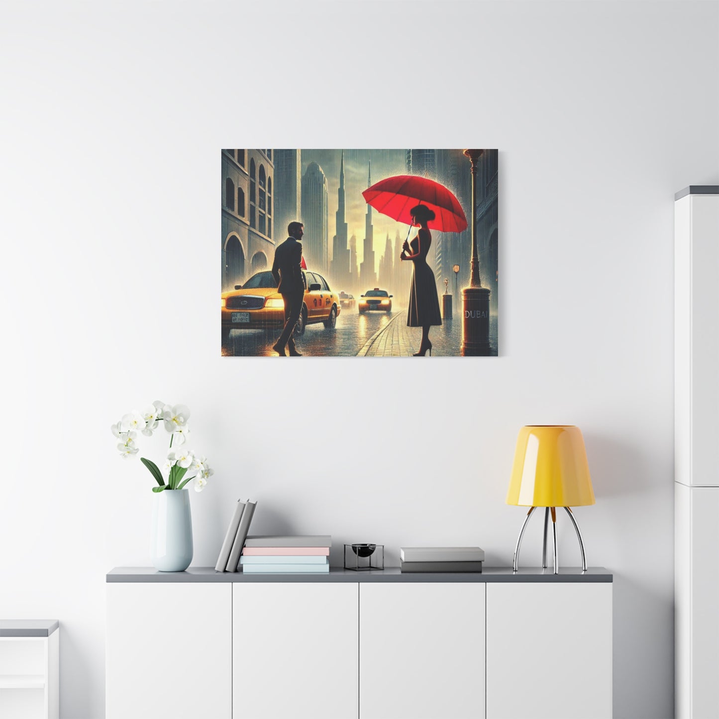 Rainy Night Romance Canvas Print — Woman with Red Umbrella Street Scene Dubai
