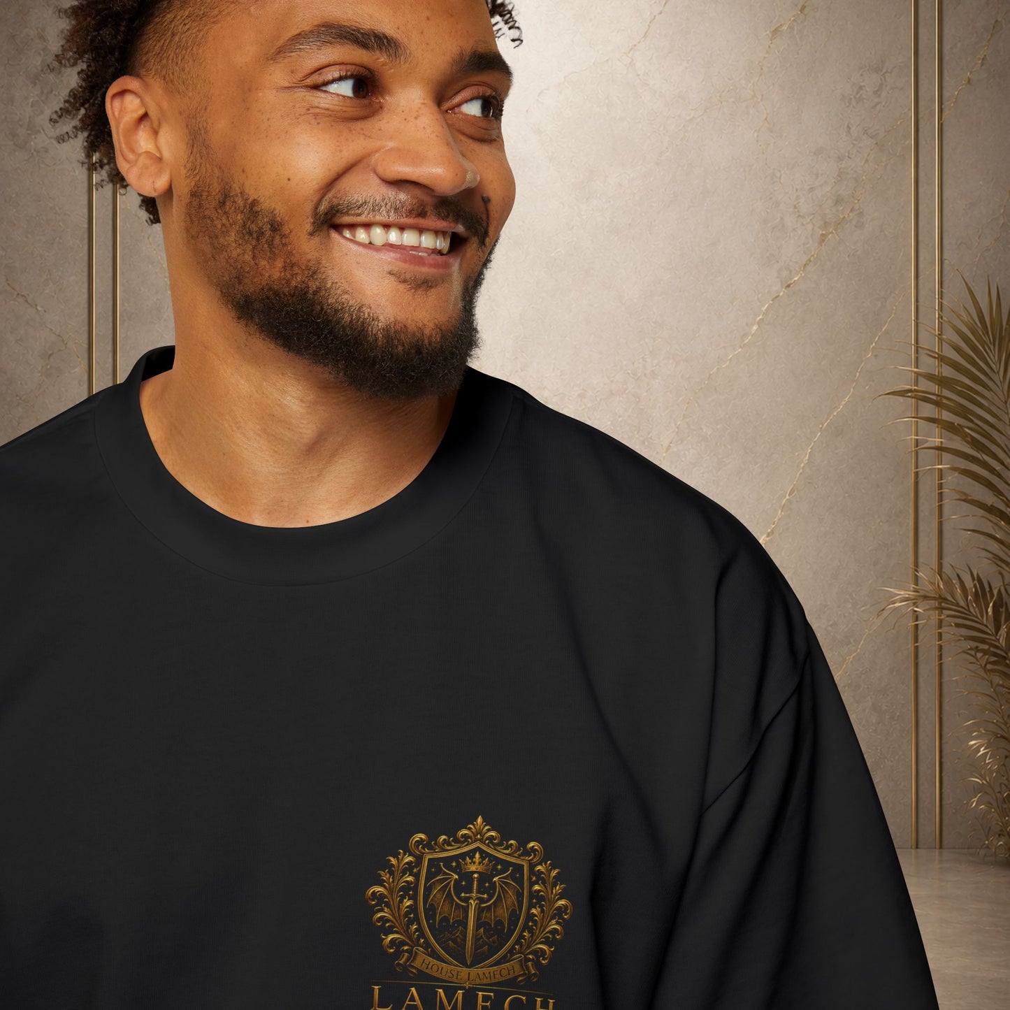 Oversized Tee — "Strength of Spirit, Power of Lineage"  Lamech Gold Chest Crest
